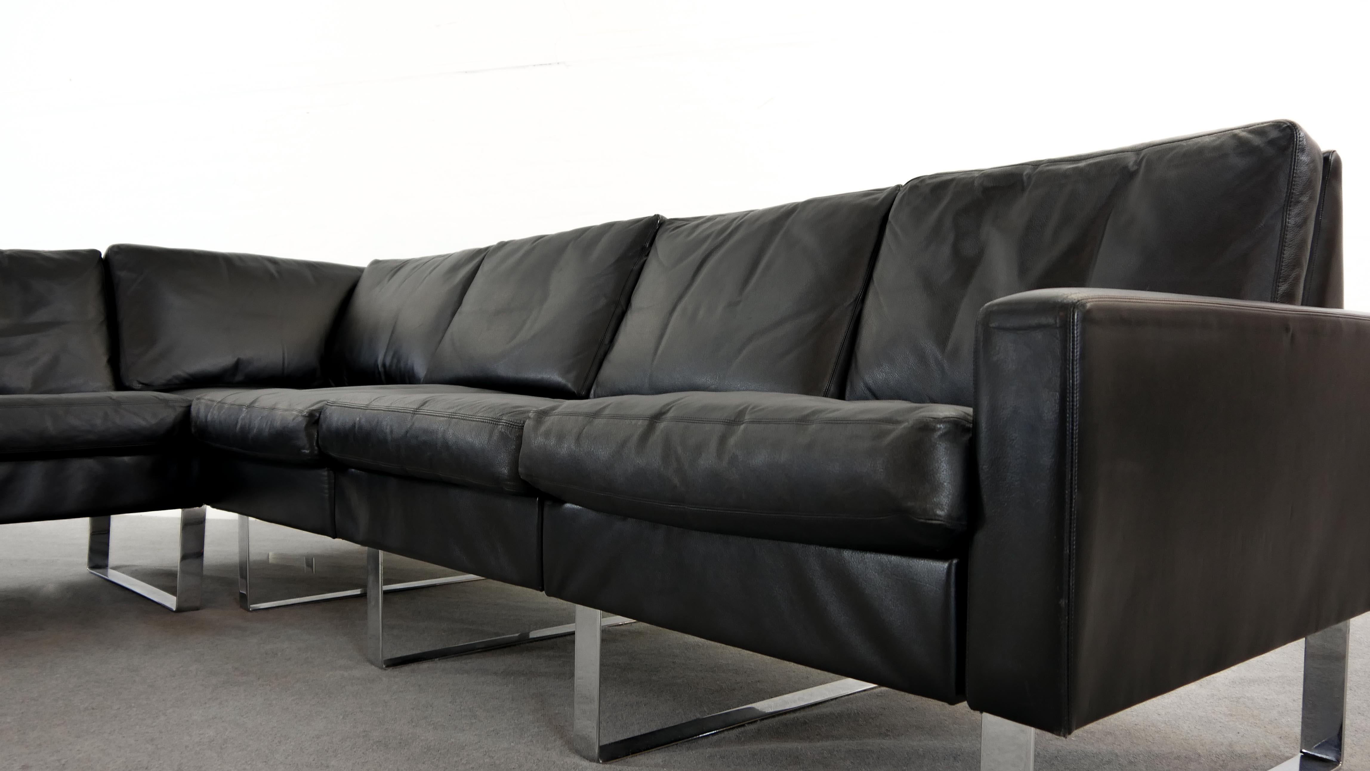 Mid-Century Modern Sectional Modular Conseta Sofa on Runners by COR, Germany in Black Leather 