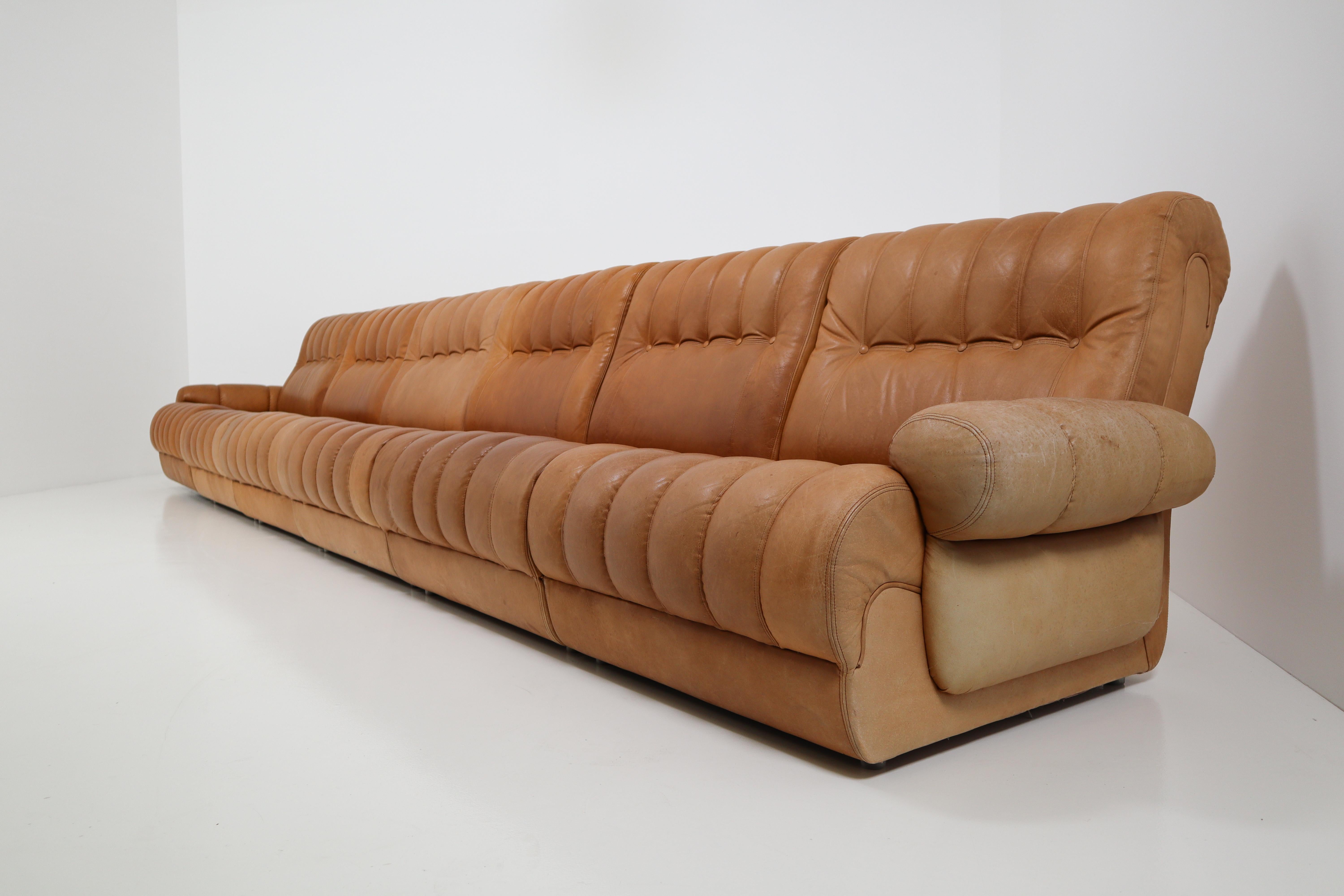 Dutch Sectional Sofa and Matching Ottoman in Patinated Cognac Leather Holland 1970s