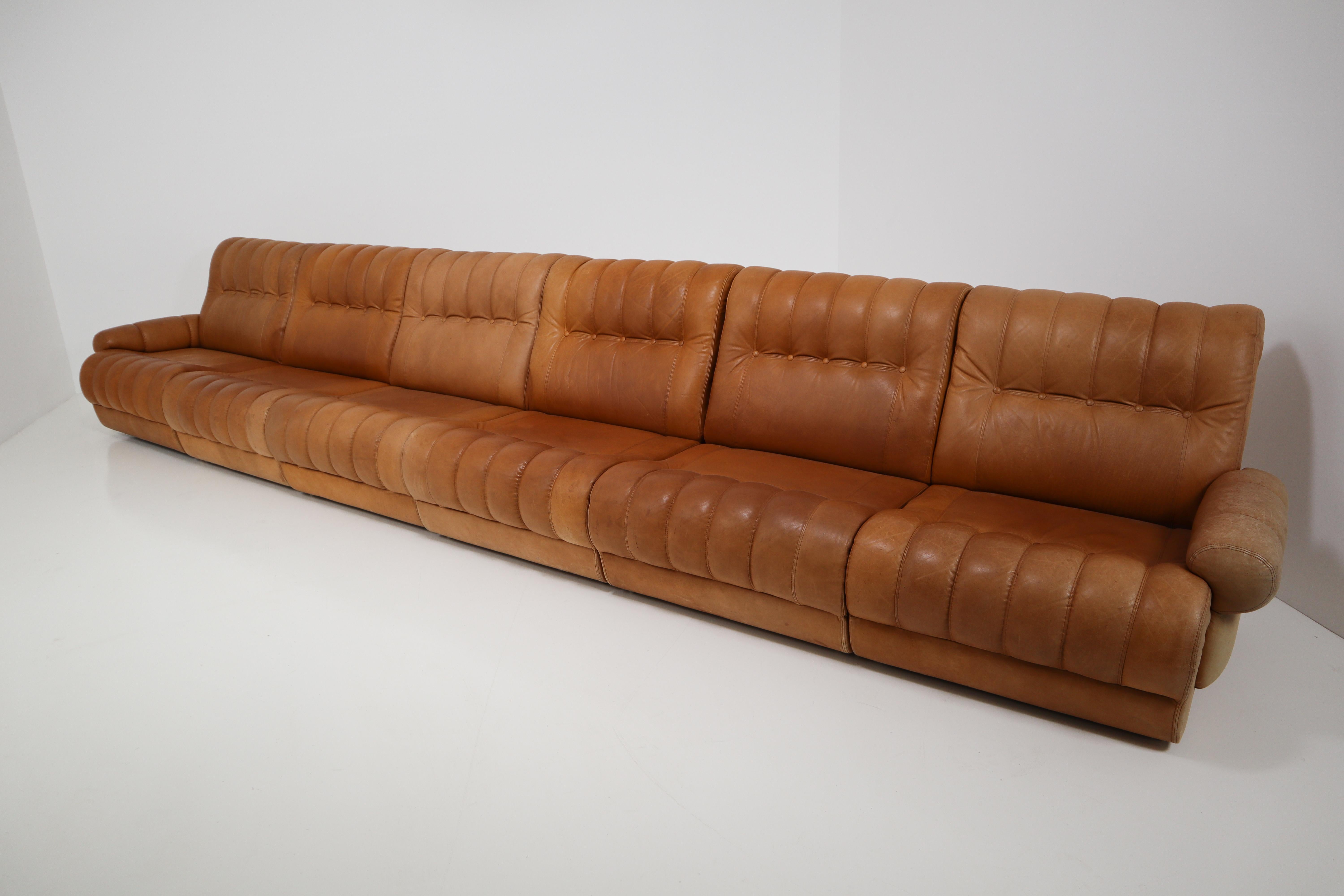 Sectional Sofa and Matching Ottoman in Patinated Cognac Leather Holland 1970s 3