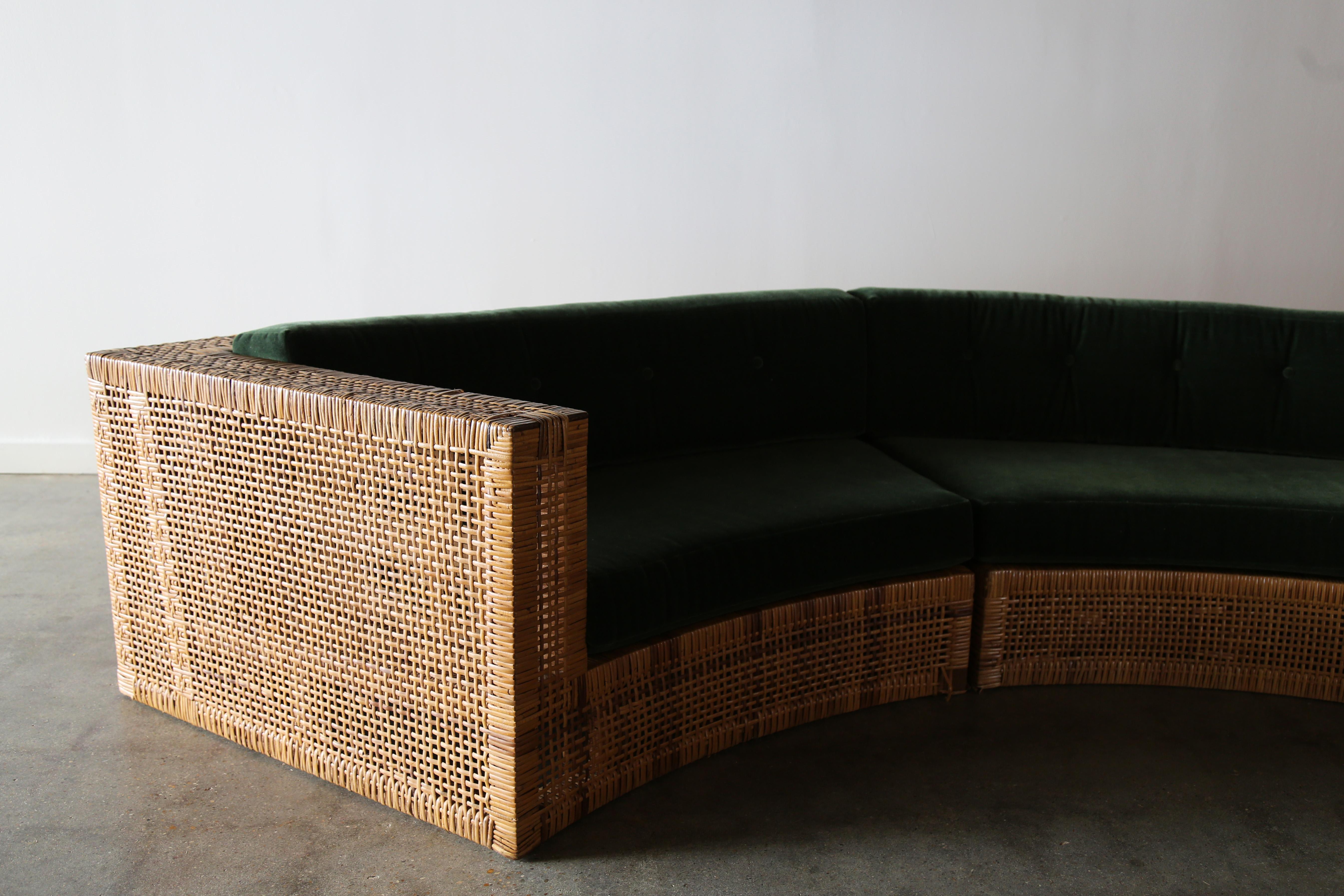 A mid century modern three piece sectional sofa designed by Danny Ho Fong for Tropi-cal furniture, circa 1965. This rare sofa with a solid mahogany frame and rattan case has a visually light appearance. Semi- circular form this sofa can seat the