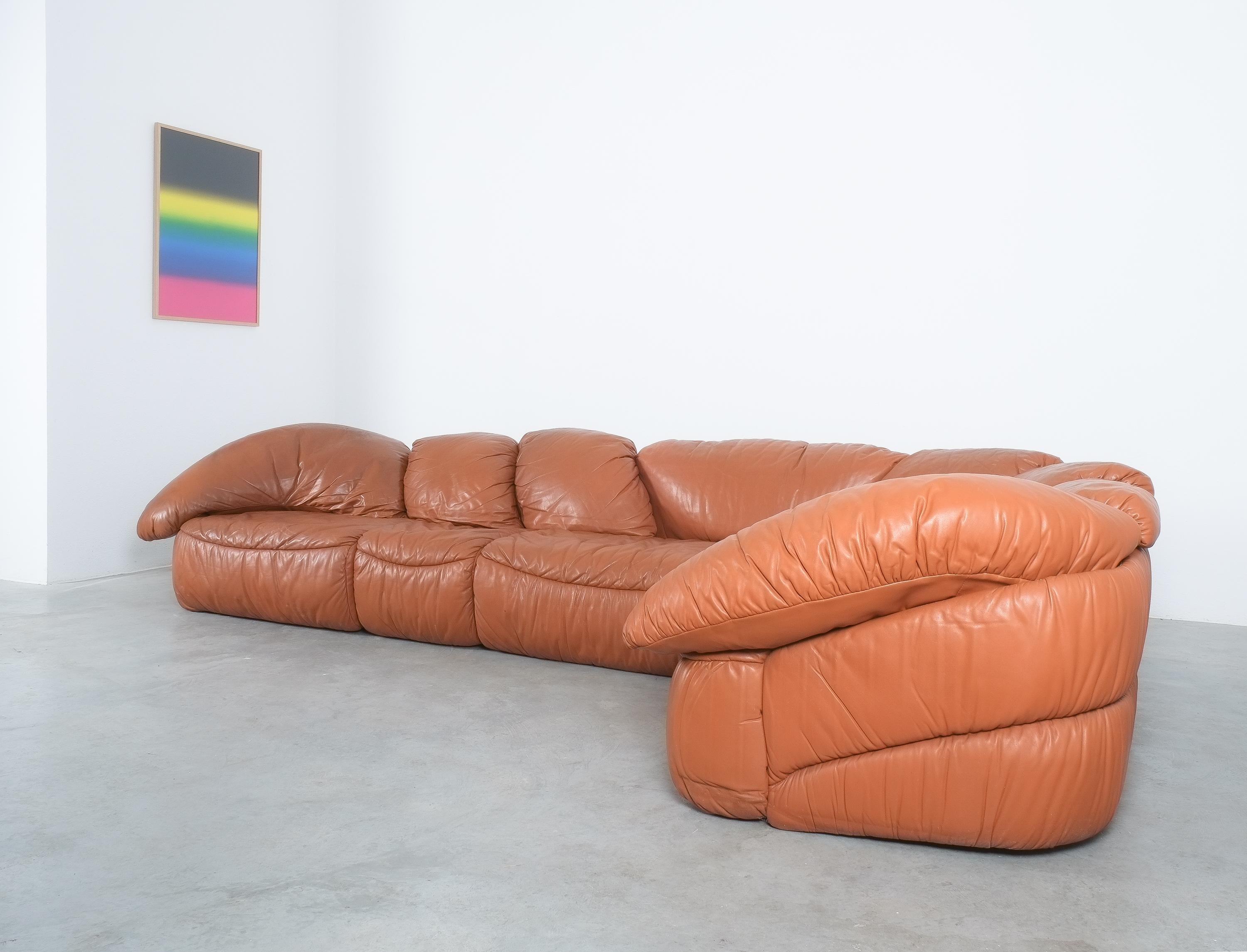 Sectional Sofa Group by Wiener Werkstätten Brown Leather Croissant, Austria 1970 1