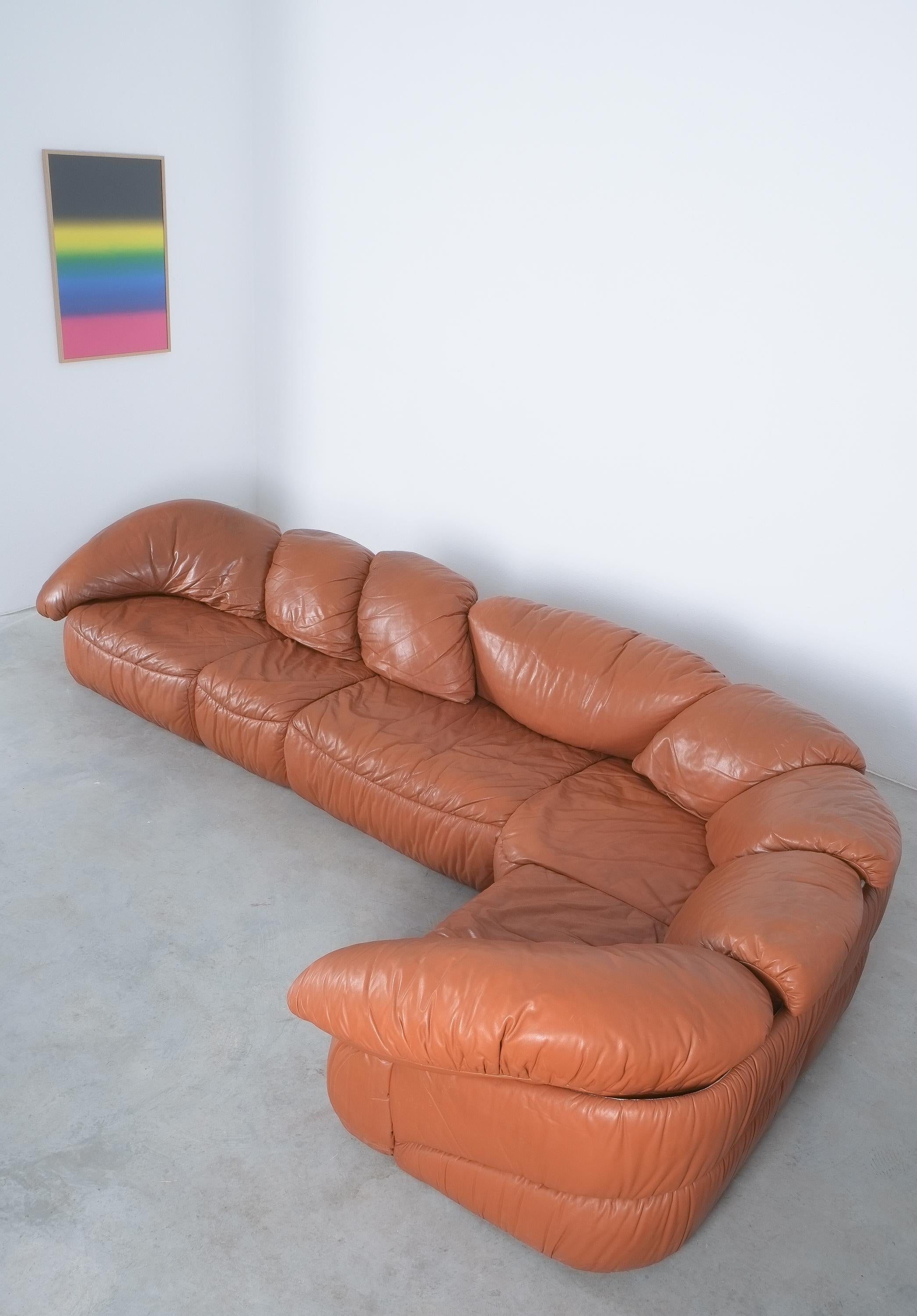 Sectional Sofa Group by Wiener Werkstätten Brown Leather Croissant, Austria 1970 2