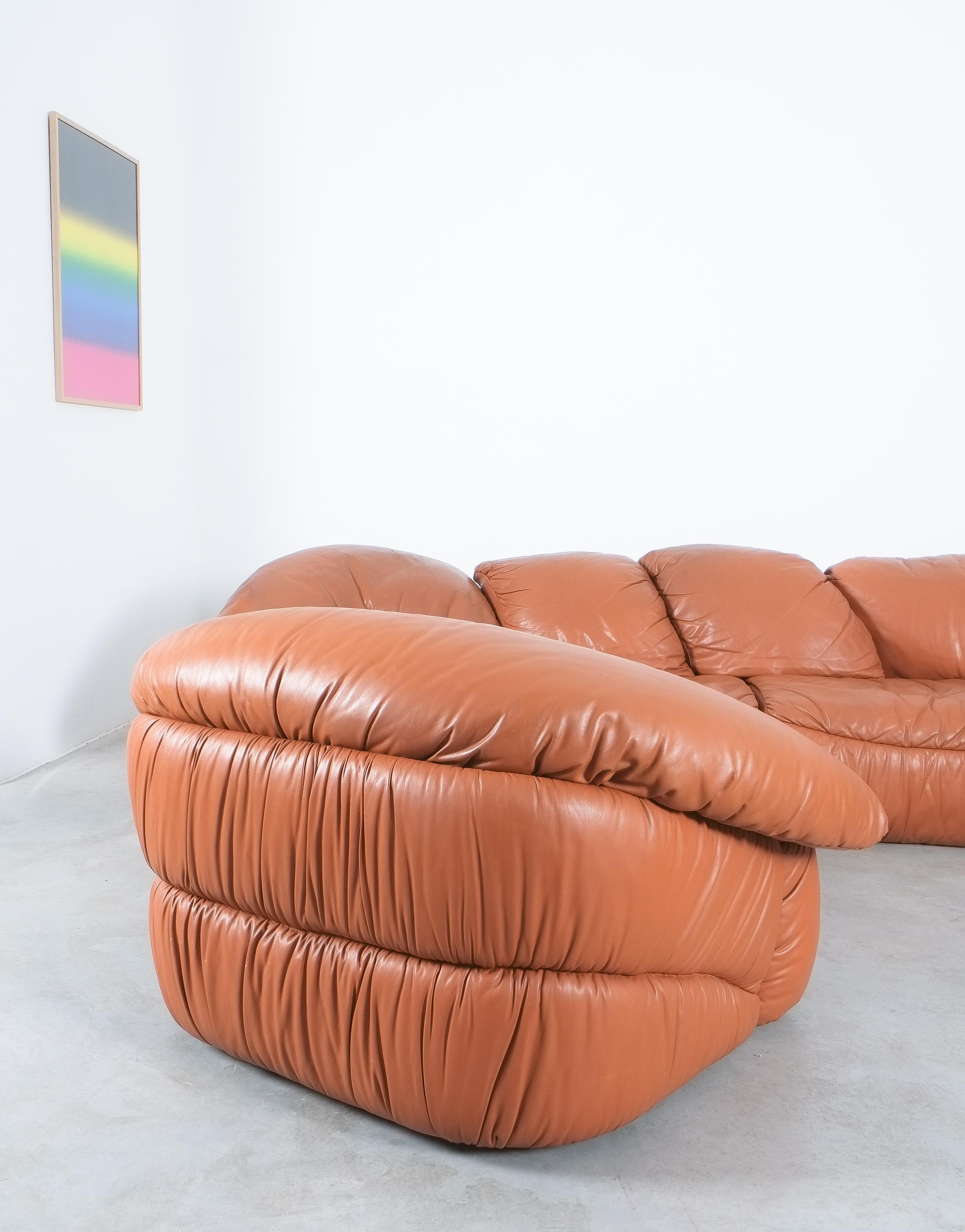 Sectional Sofa Group by Wiener Werkstätten Brown Leather Croissant, Austria 1970 3