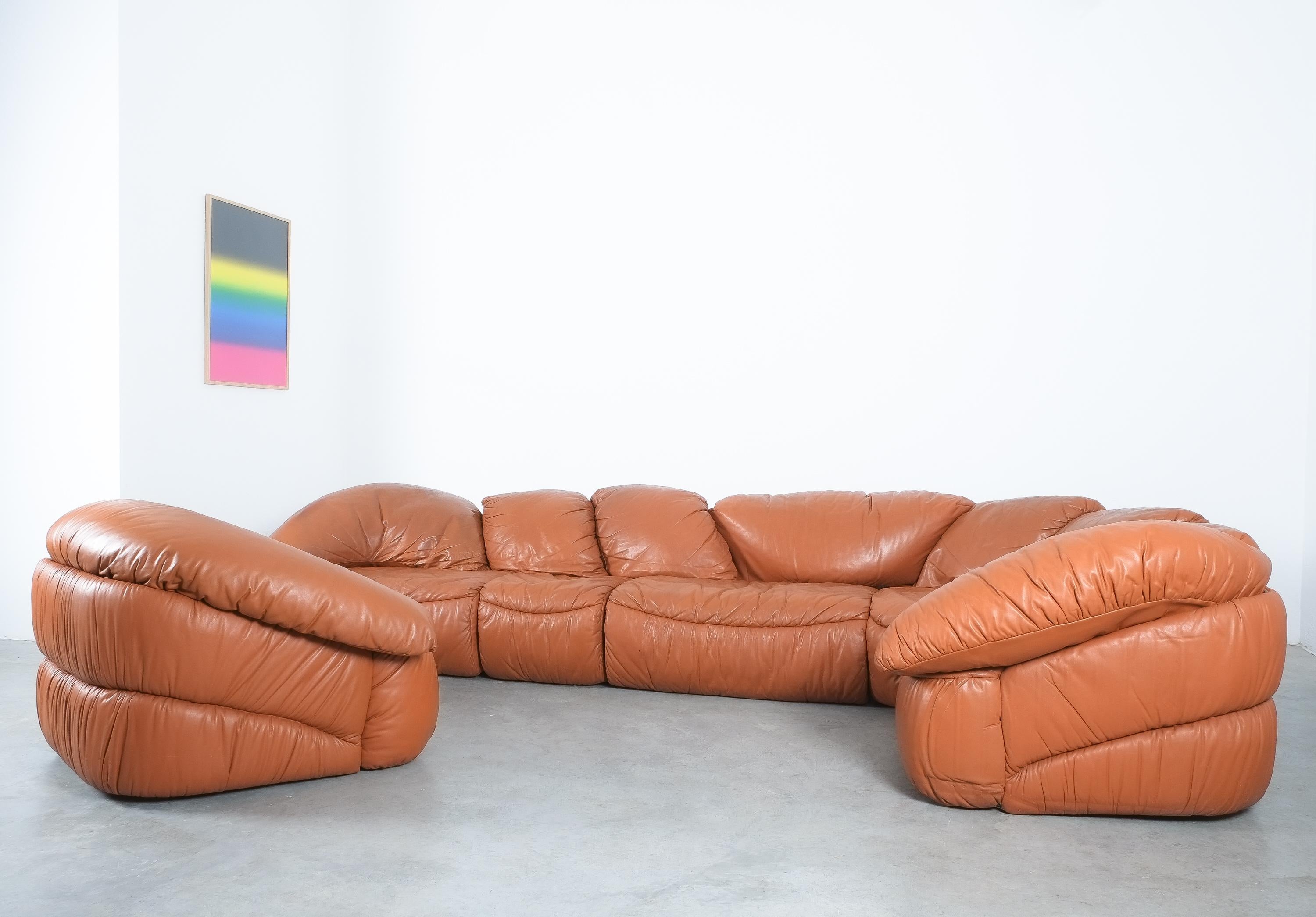 Sectional Sofa Group by Wiener Werkstätten Brown Leather Croissant, Austria 1970 5