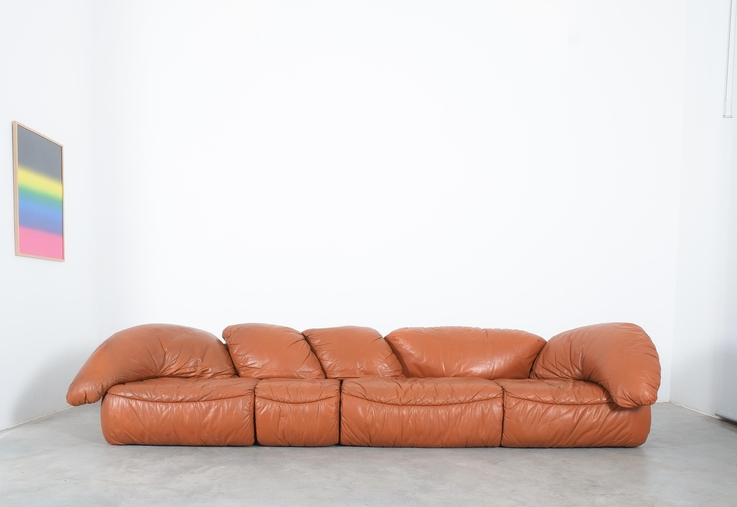 Sectional Sofa Group by Wiener Werkstätten Brown Leather Croissant, Austria 1970 6