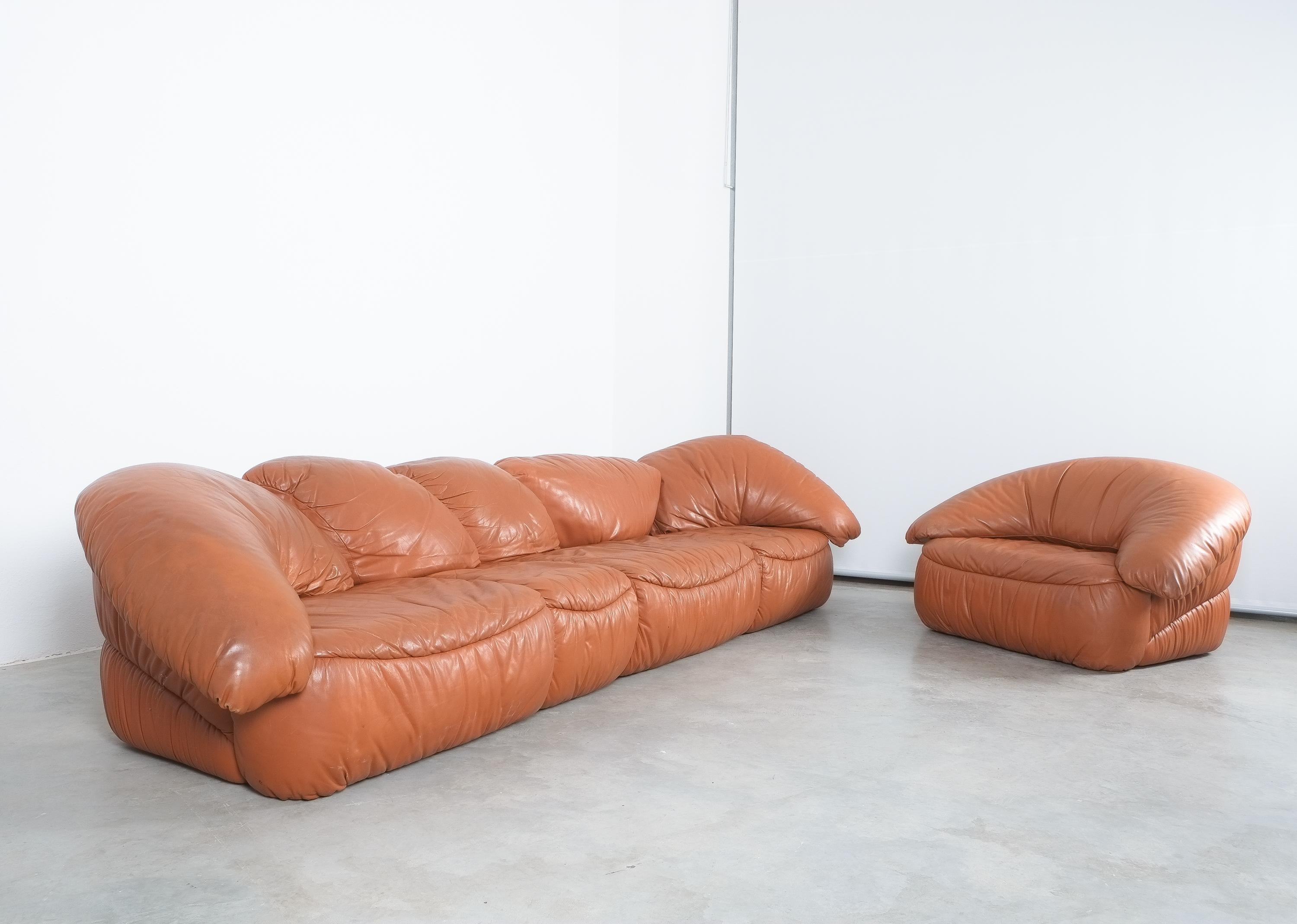 Sectional Sofa Group by Wiener Werkstätten Brown Leather Croissant, Austria 1970 7