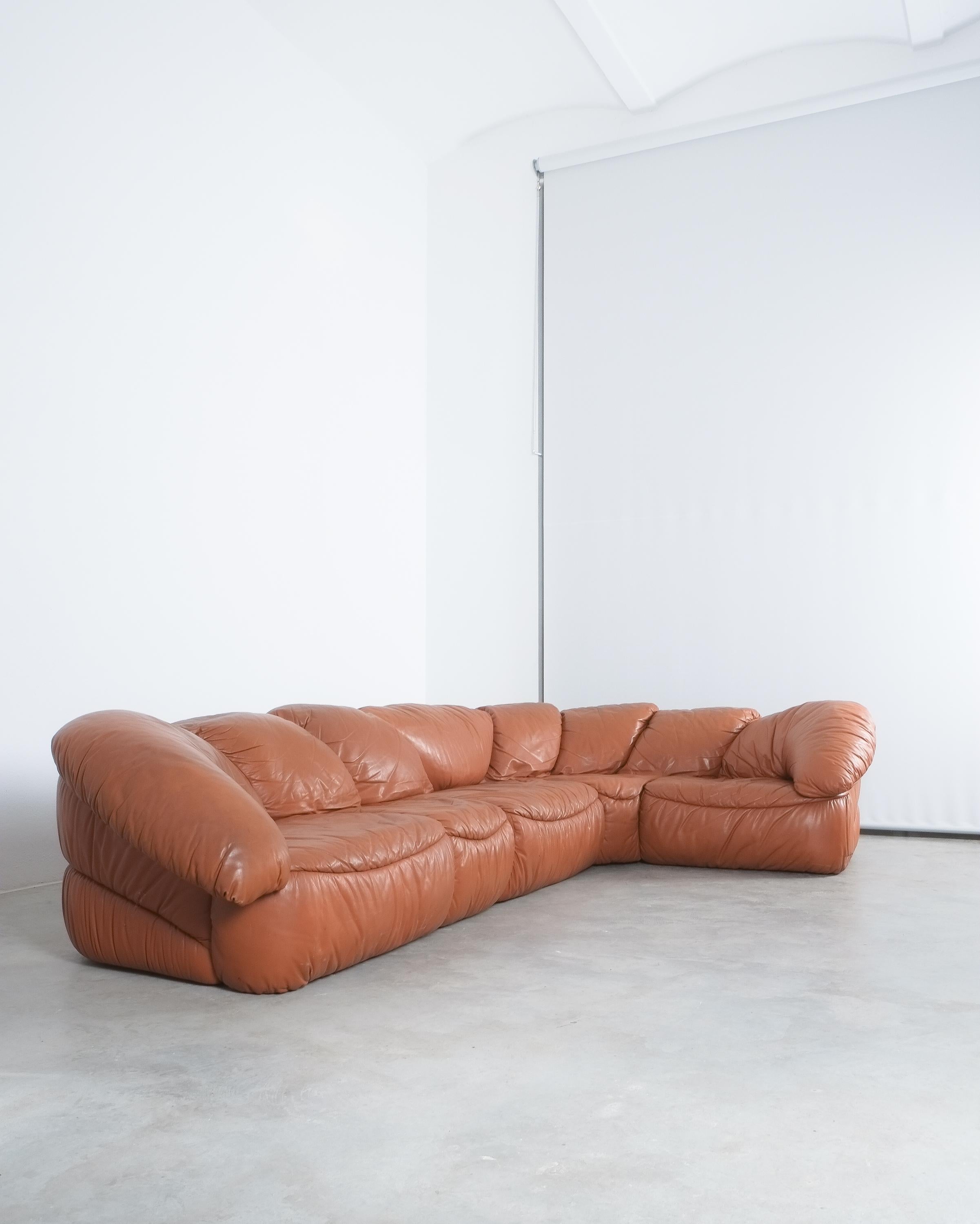Mid-Century Modern Sectional Sofa Group by Wiener Werkstätten Brown Leather Croissant, Austria 1970