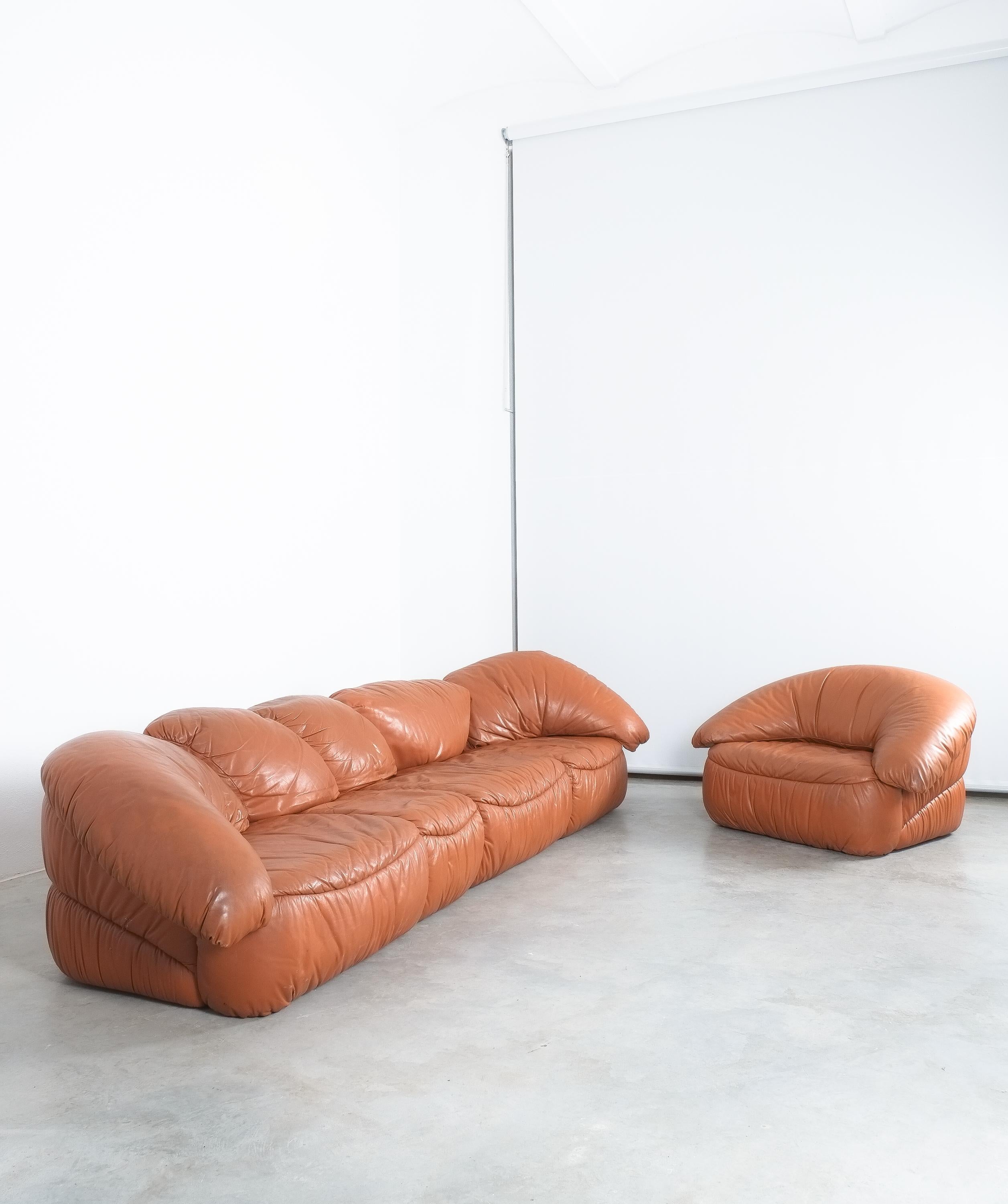 Austrian Sectional Sofa Group by Wiener Werkstätten Brown Leather Croissant, Austria 1970