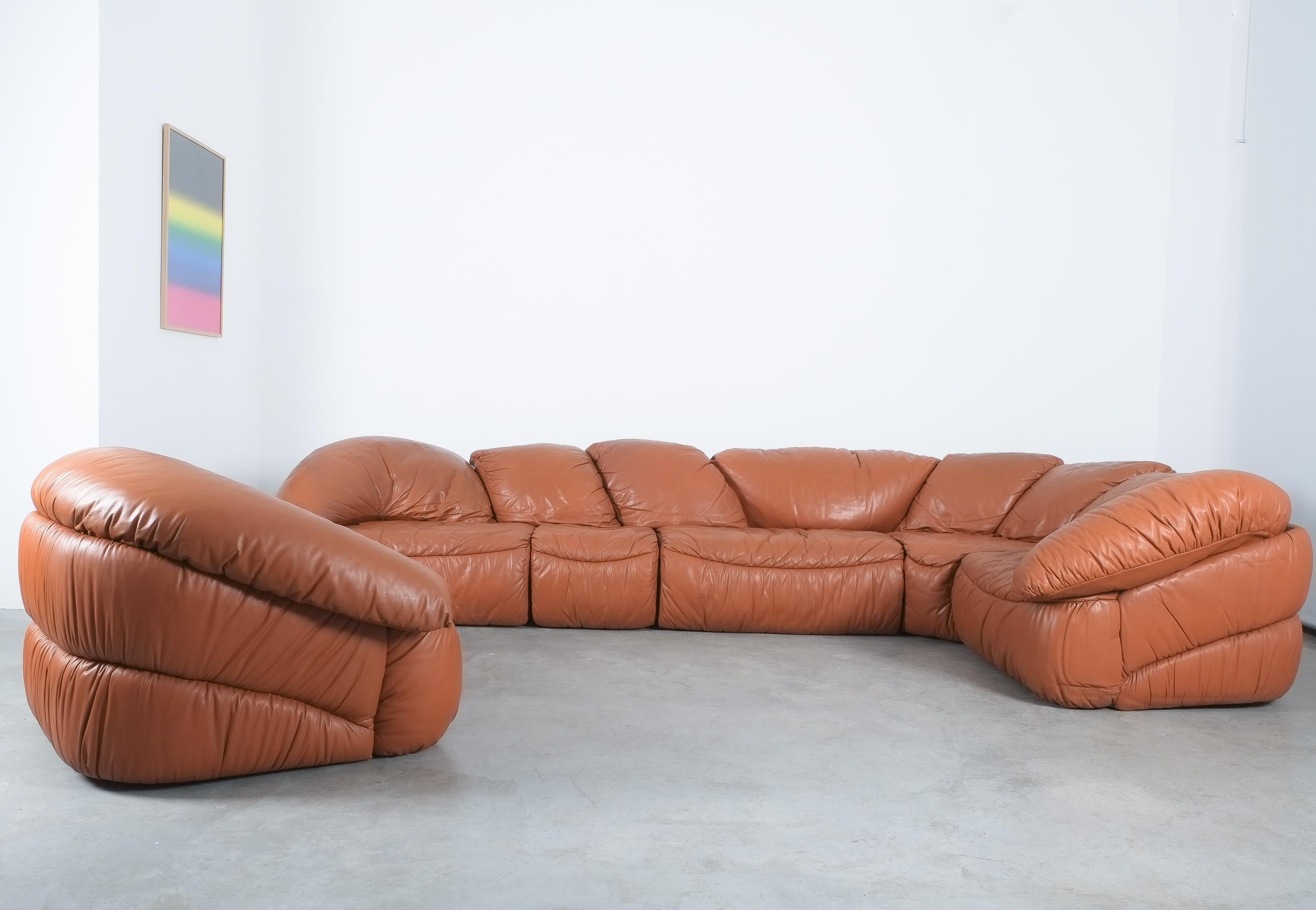 Sectional Sofa Group by Wiener Werkstätten Brown Leather Croissant, Austria 1970 In Good Condition In Vienna, AT