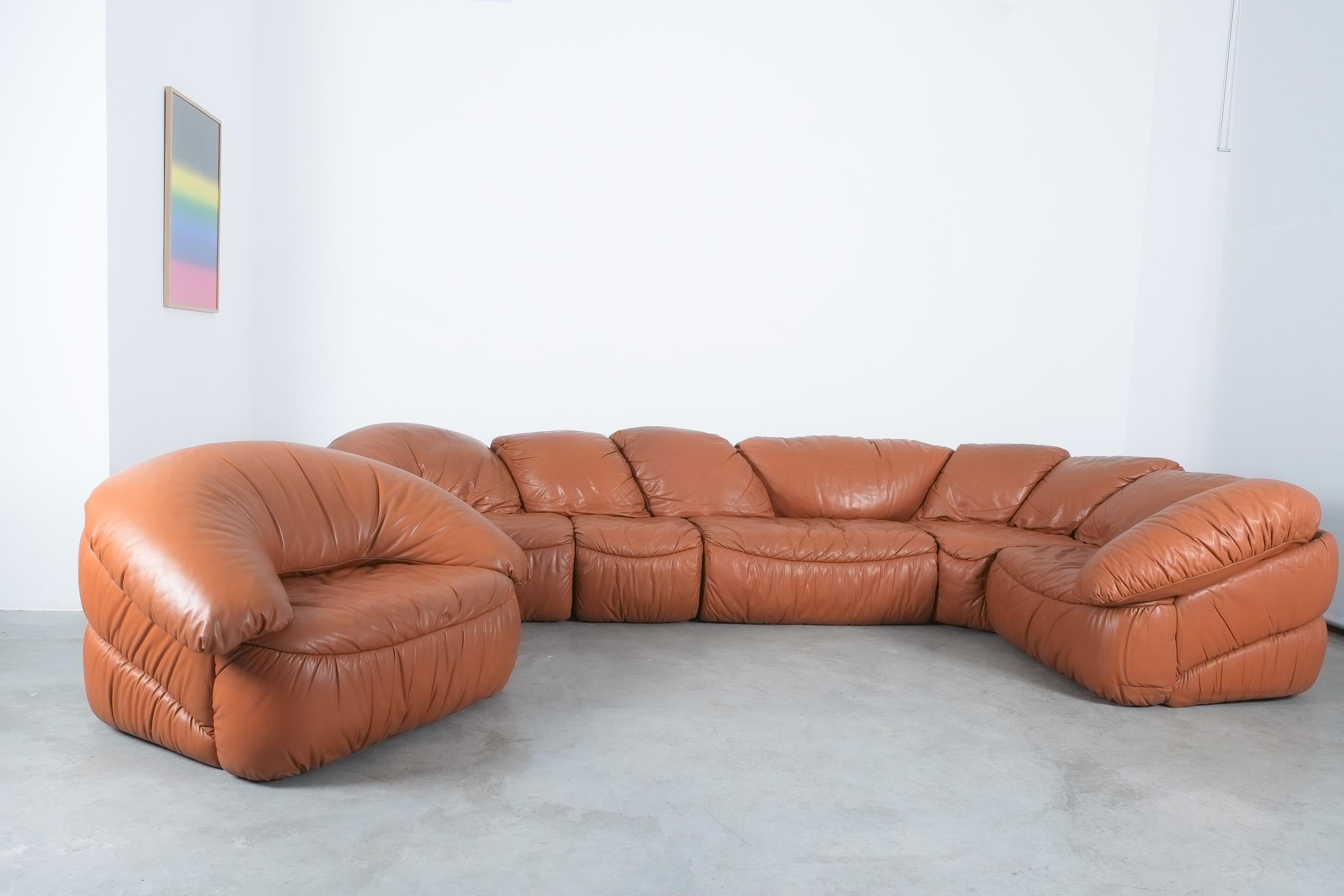 Late 20th Century Sectional Sofa Group by Wiener Werkstätten Brown Leather Croissant, Austria 1970