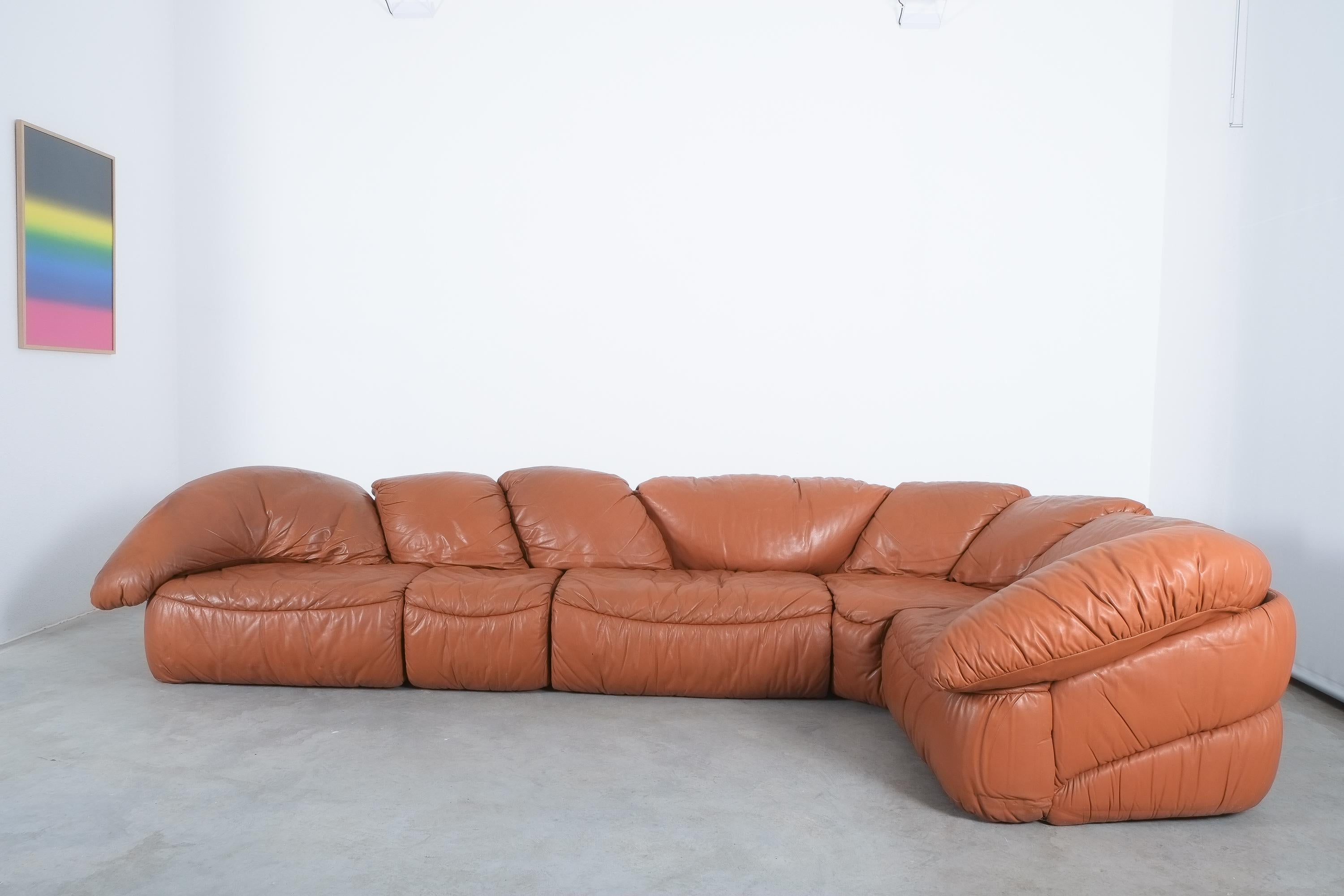 Wood Sectional Sofa Group by Wiener Werkstätten Brown Leather Croissant, Austria 1970