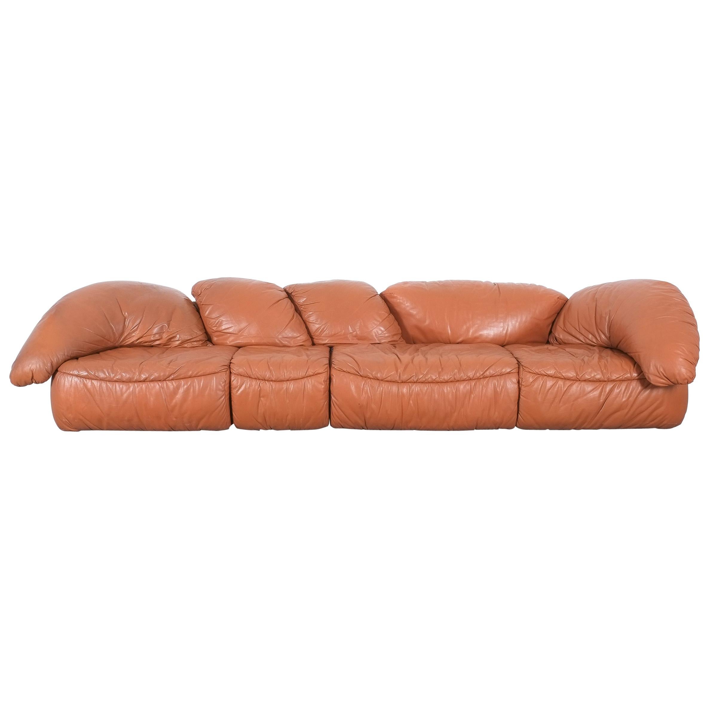 Sectional Sofa Group by Wiener Werkstätten Brown Leather Croissant, Austria 1970