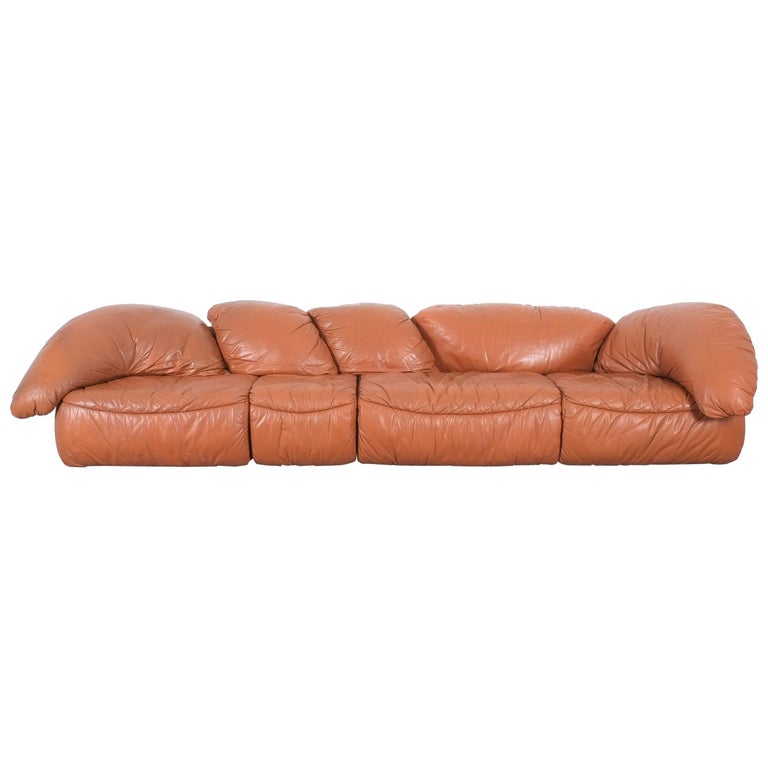 Sectional Sofa Group by Wiener Werkstätten Brown Leather Croissant, Austria  1970 For Sale at 1stDibs