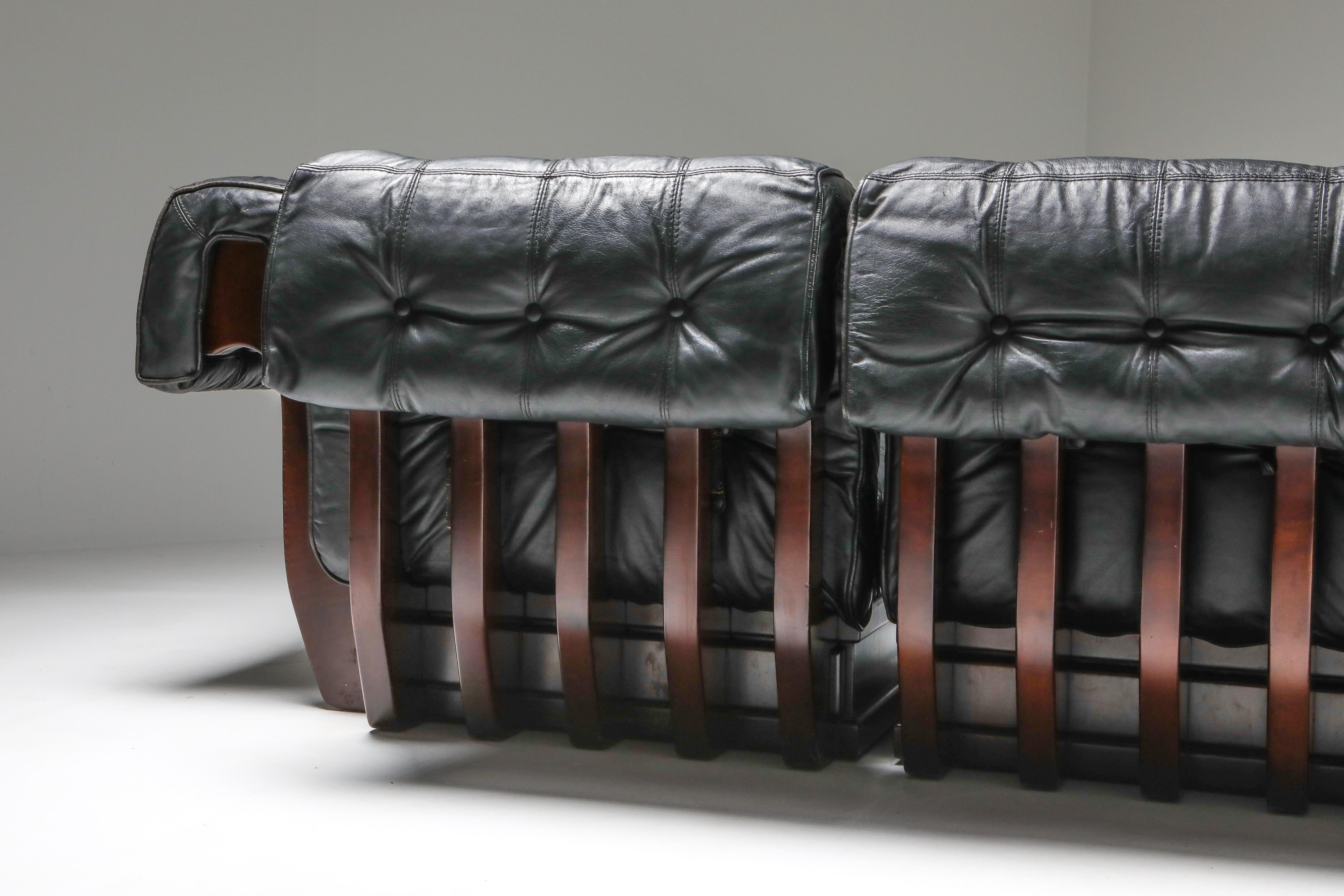 Sectional Sofa in Black Leather and Mahogany by Luciano Frigerio 4