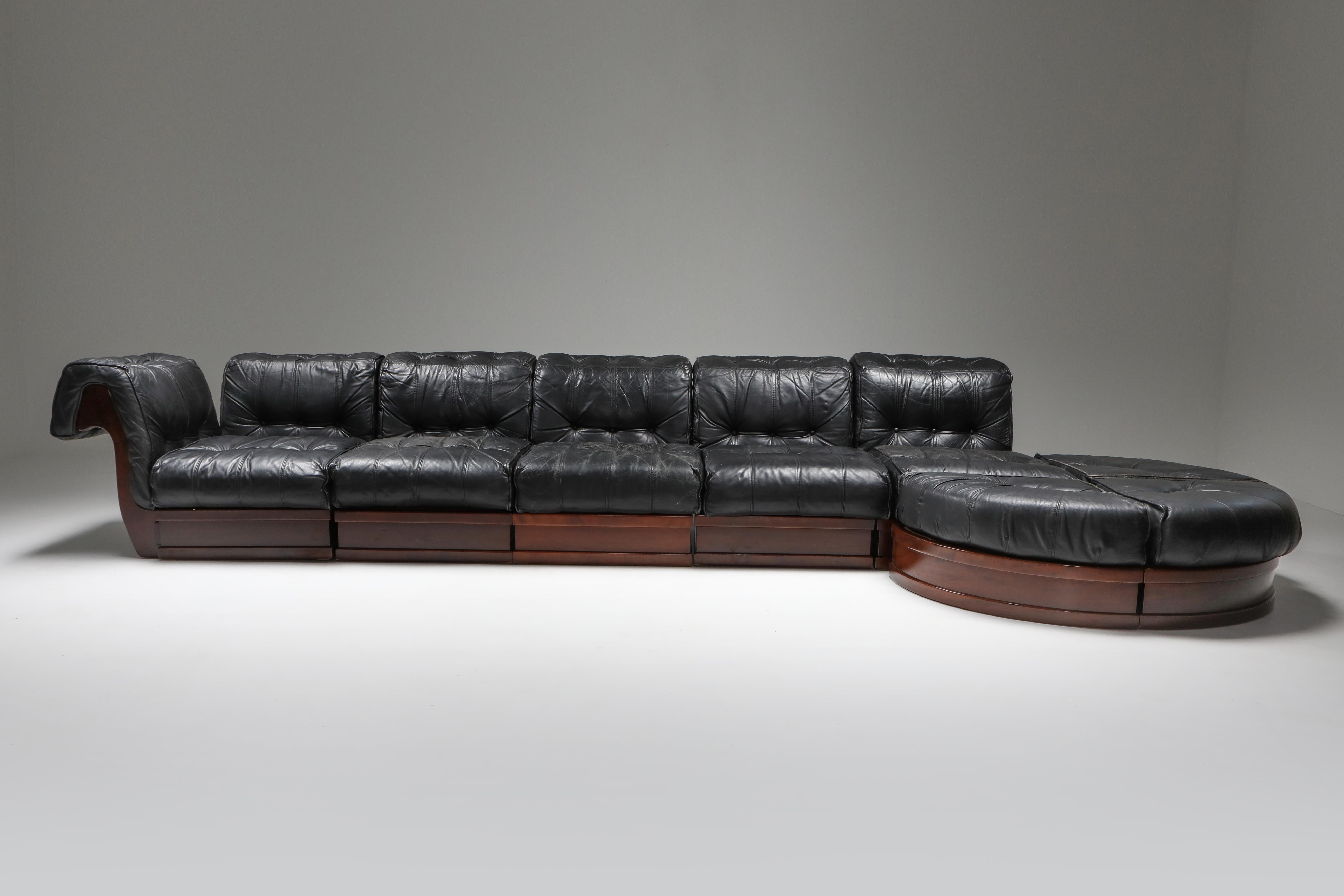 Post-Modern Sectional Sofa in Black Leather and Mahogany by Luciano Frigerio