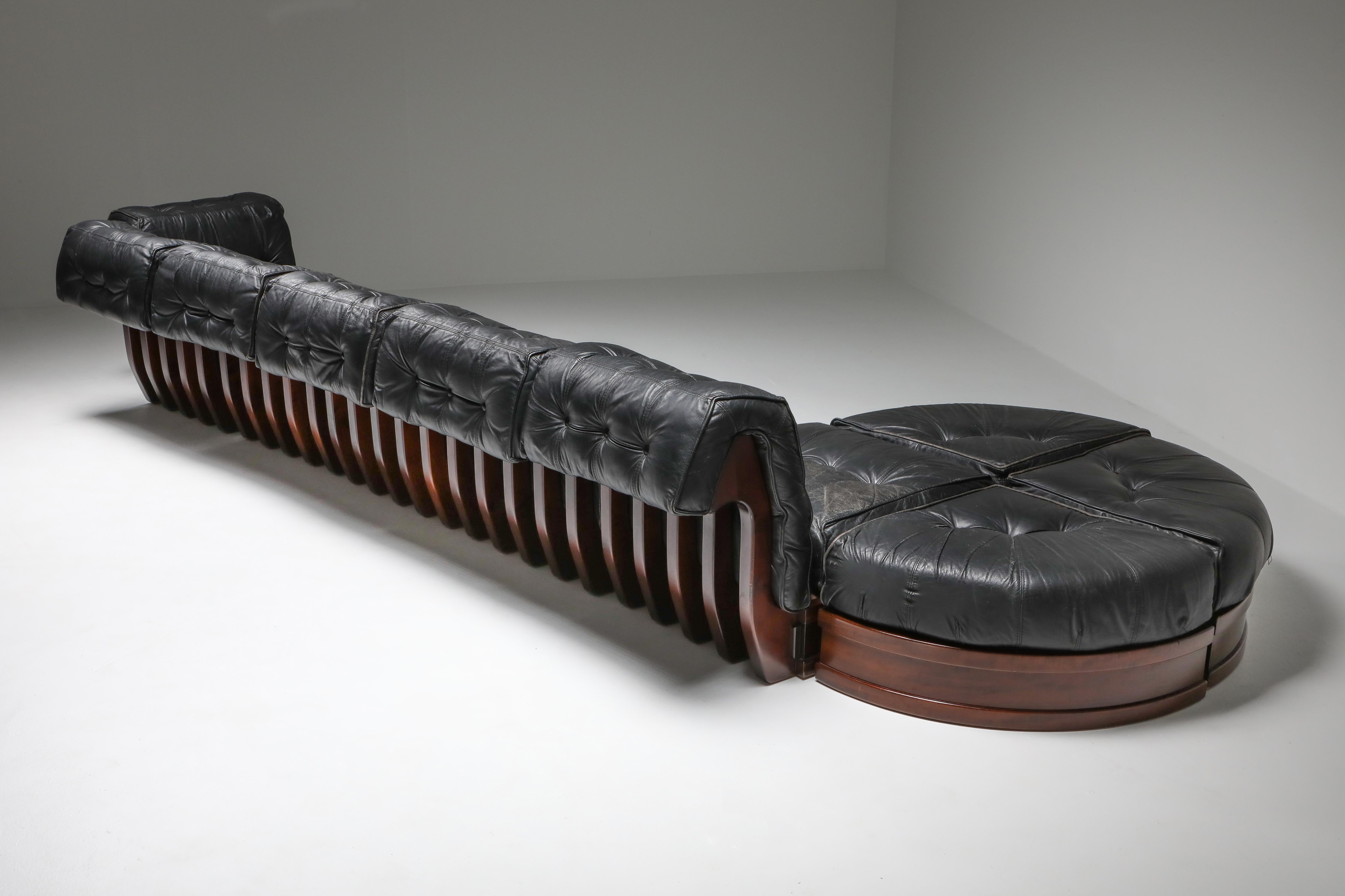 European Sectional Sofa in Black Leather and Mahogany by Luciano Frigerio