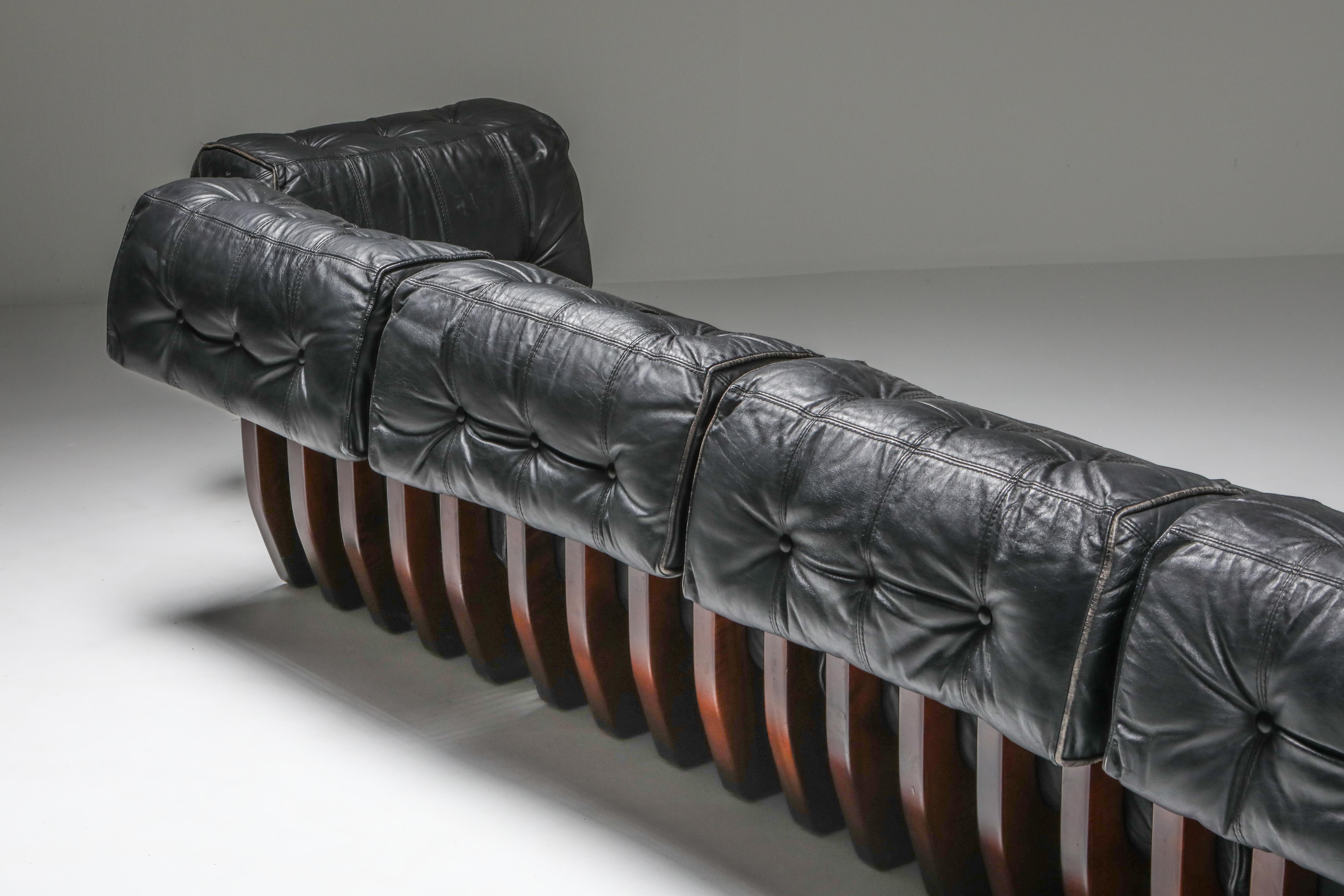 20th Century Sectional Sofa in Black Leather and Mahogany by Luciano Frigerio
