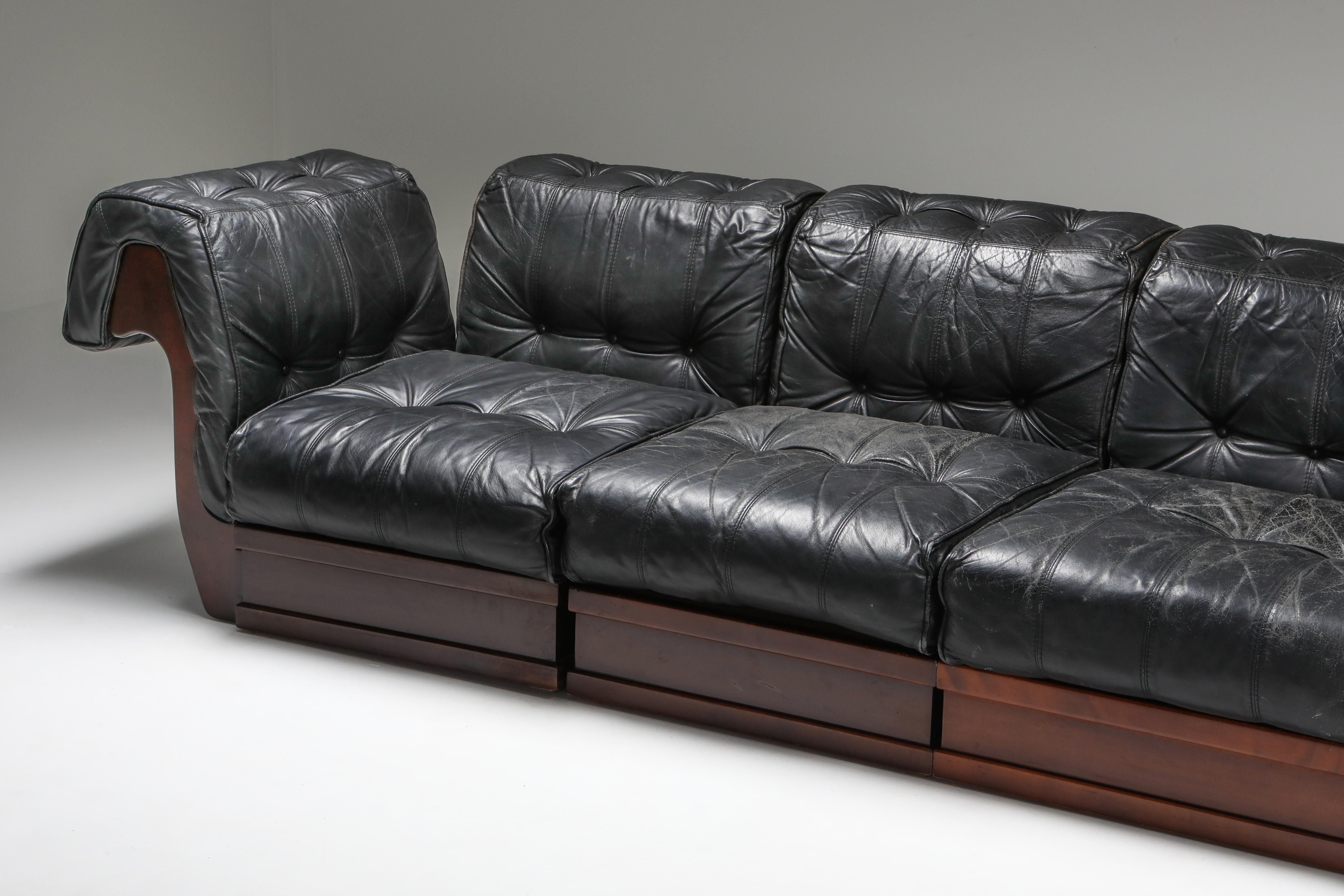 Sectional Sofa in Black Leather and Mahogany by Luciano Frigerio 2