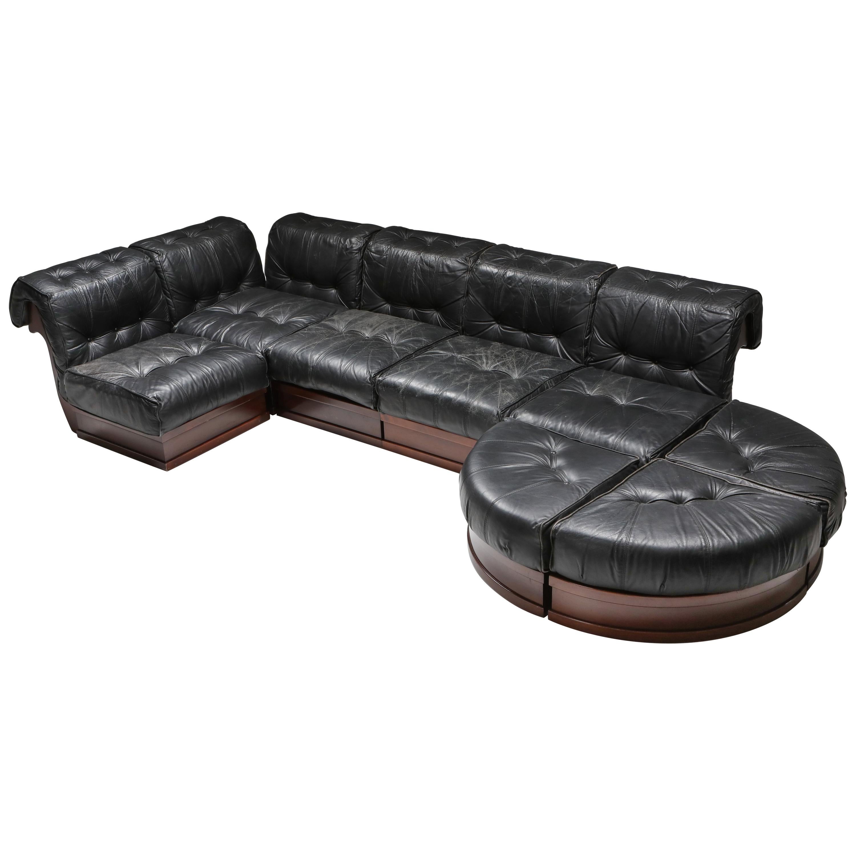 Sectional Sofa in Black Leather and Mahogany by Luciano Frigerio