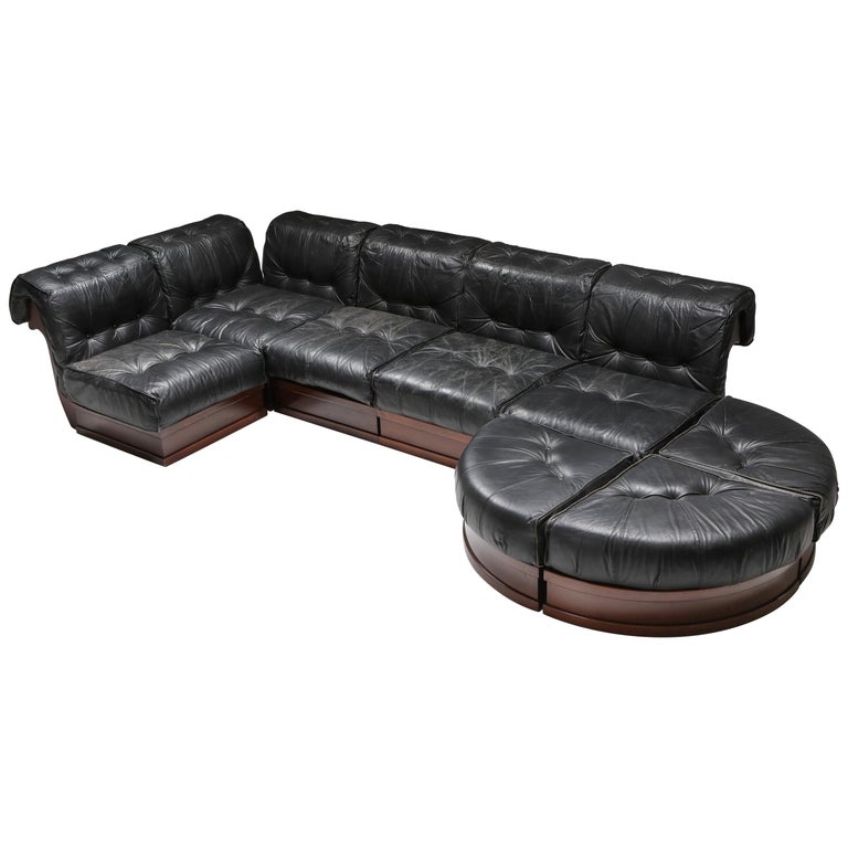 Sectional Sofa in Black Leather and Mahogany by Luciano Frigerio at 1stDibs