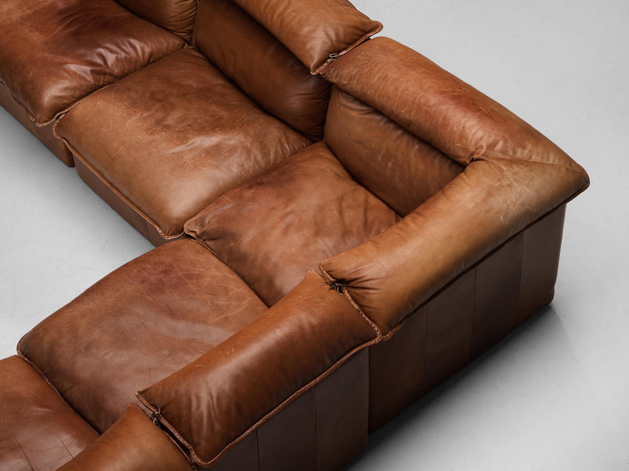 Mid-Century Modern Sectional Sofa in Cognac Leather 
