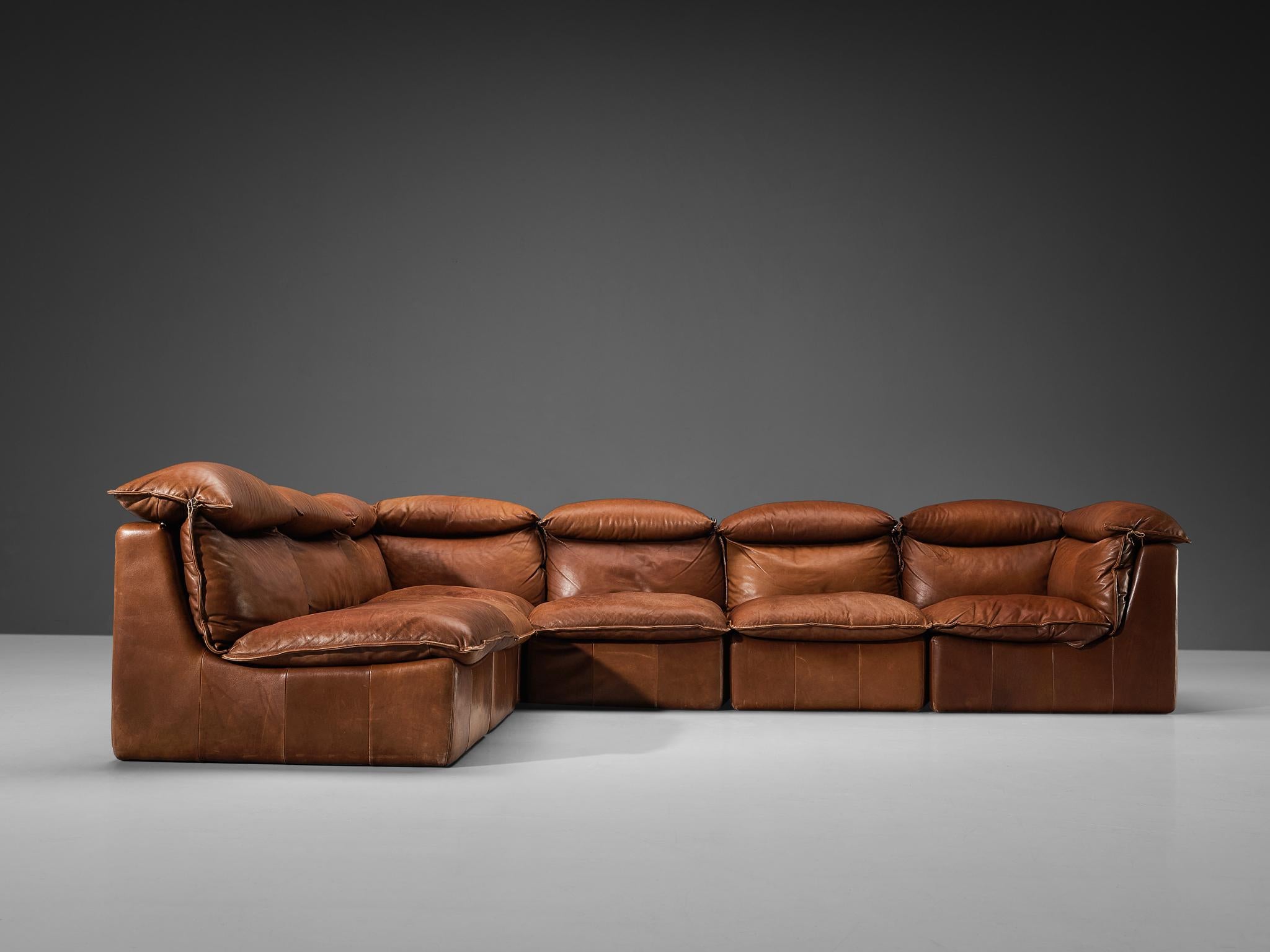 Mid-Century Modern Sectional Sofa in Cognac Leather
