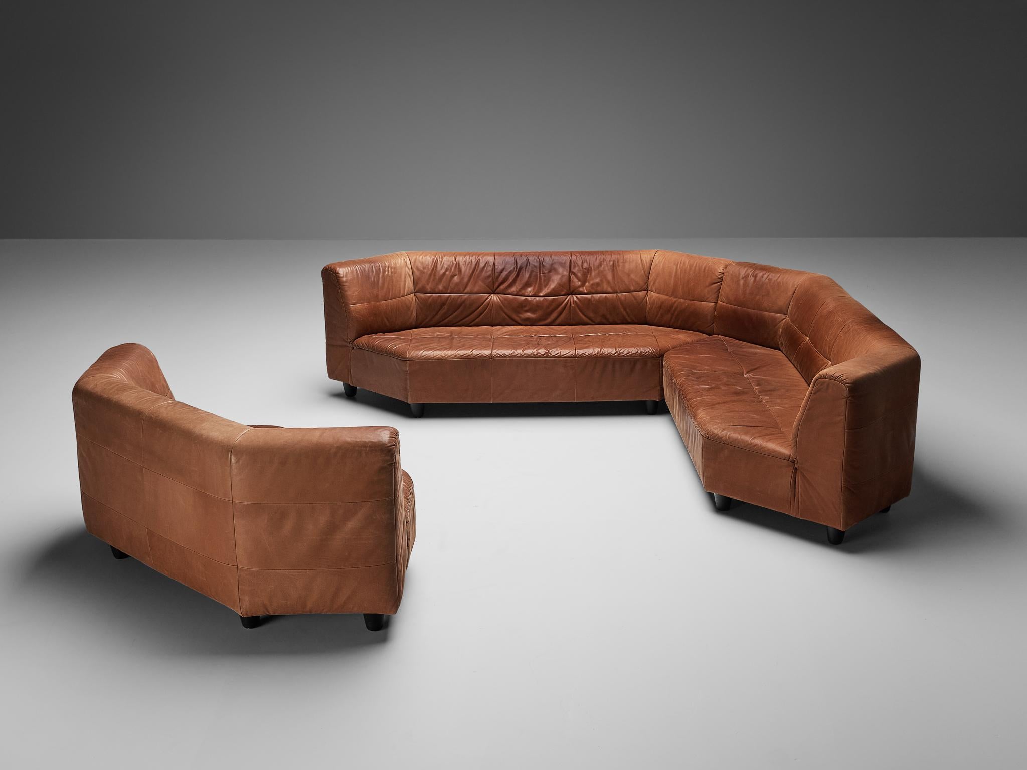 European Grand Geometric Sectional Sofa in Cognac Brown Leather  For Sale