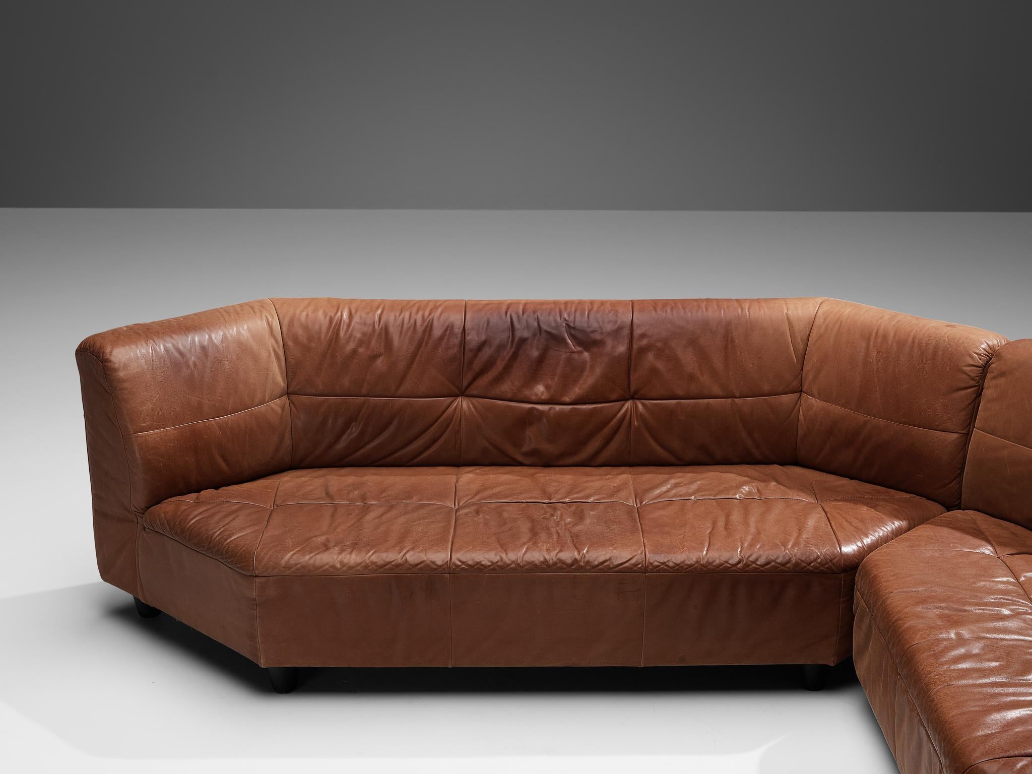 Late 20th Century Grand Geometric Sectional Sofa in Cognac Brown Leather  For Sale