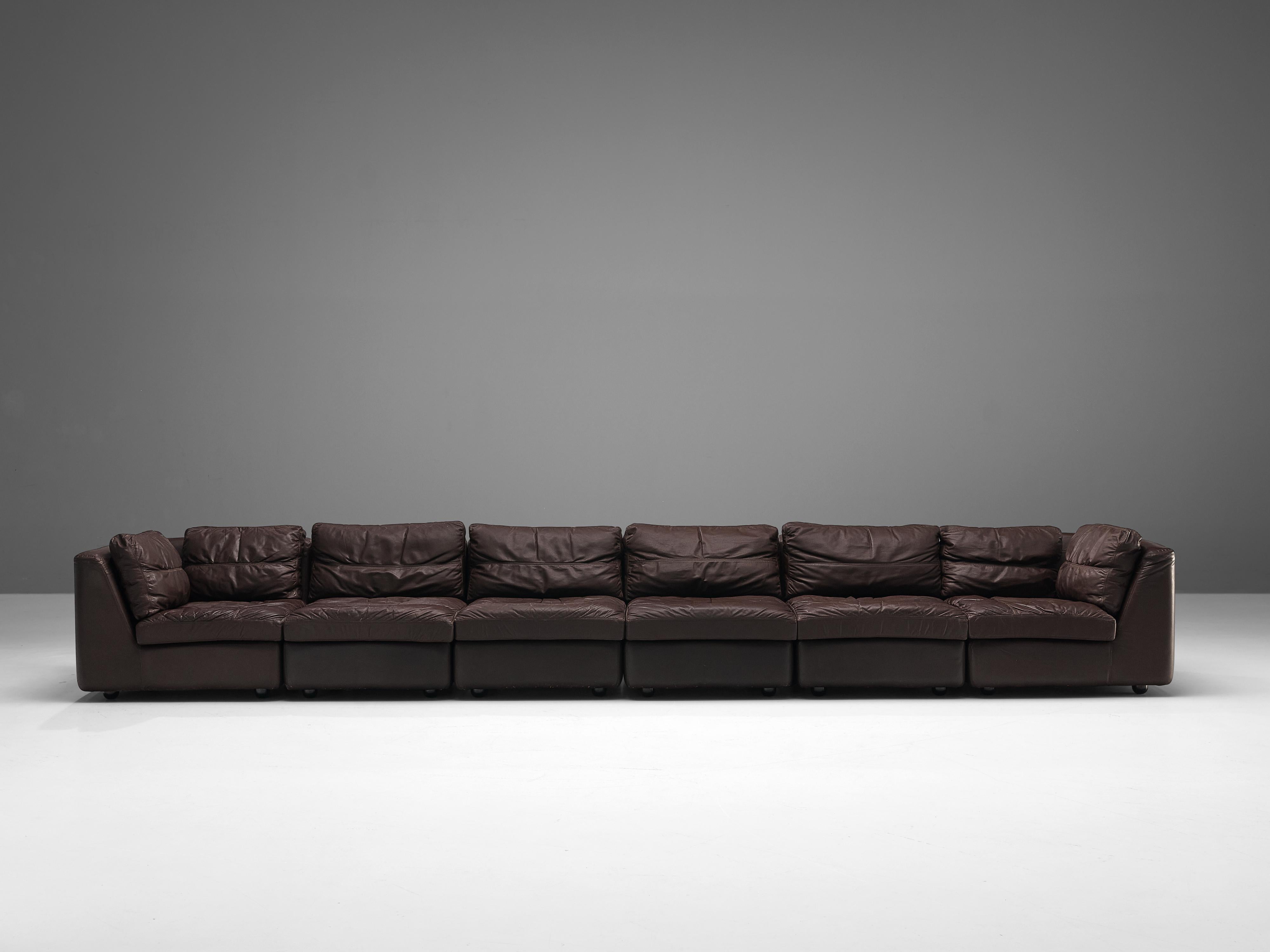 Mid-Century Modern Sectional Sofa in Patinated Brown Leather