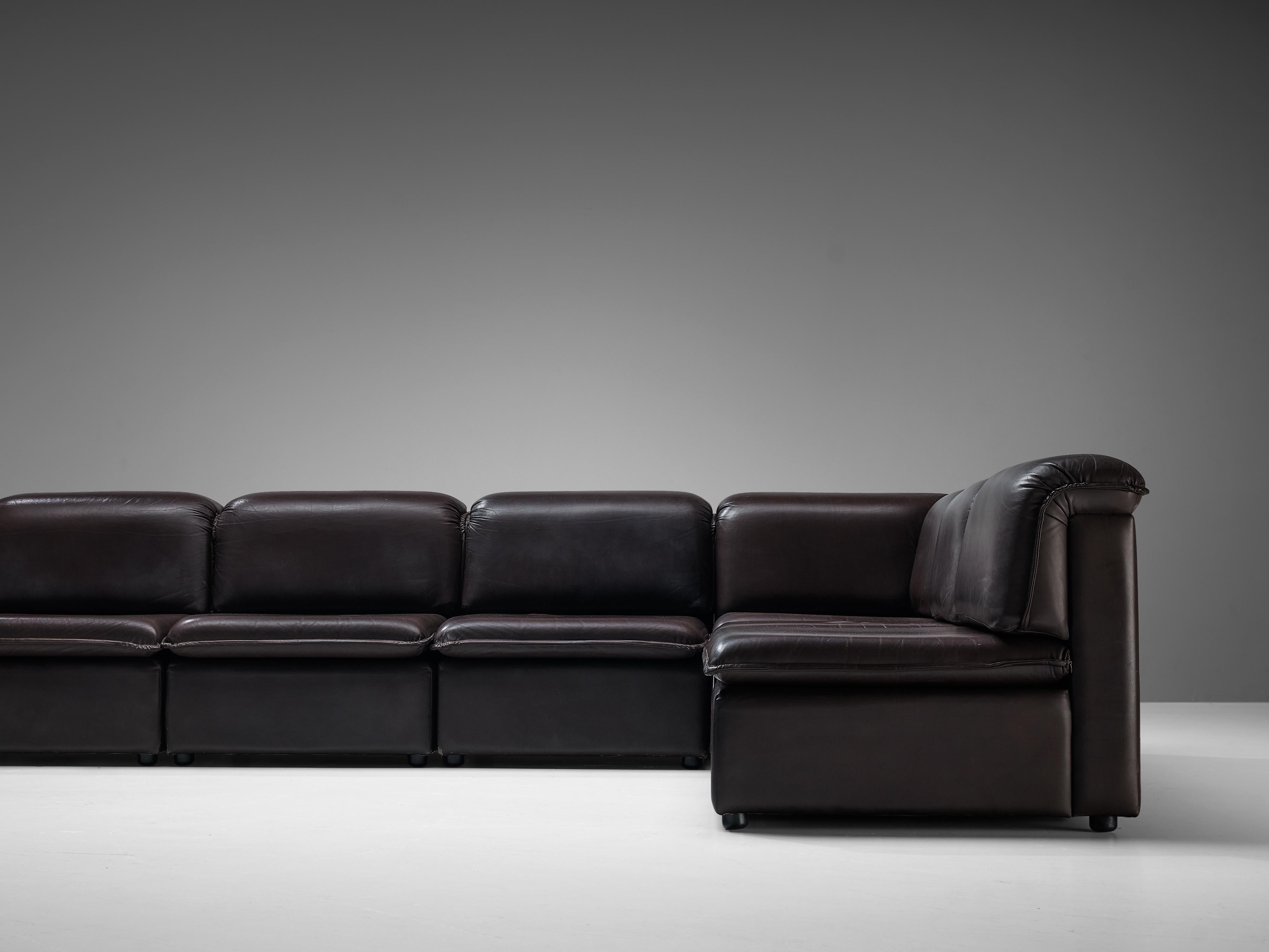European Sectional Sofa in Patinated Brown Leather