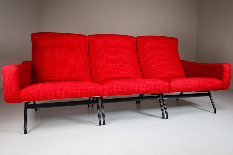 Set of three pieces sectional sofa seats, designed by Joseph-Andre´ Motte, France 1950s. These well made seats were manufactured by Steiner and show wonderful craftsmanship. The red fabric upholstery is original and in amazing good condition. The