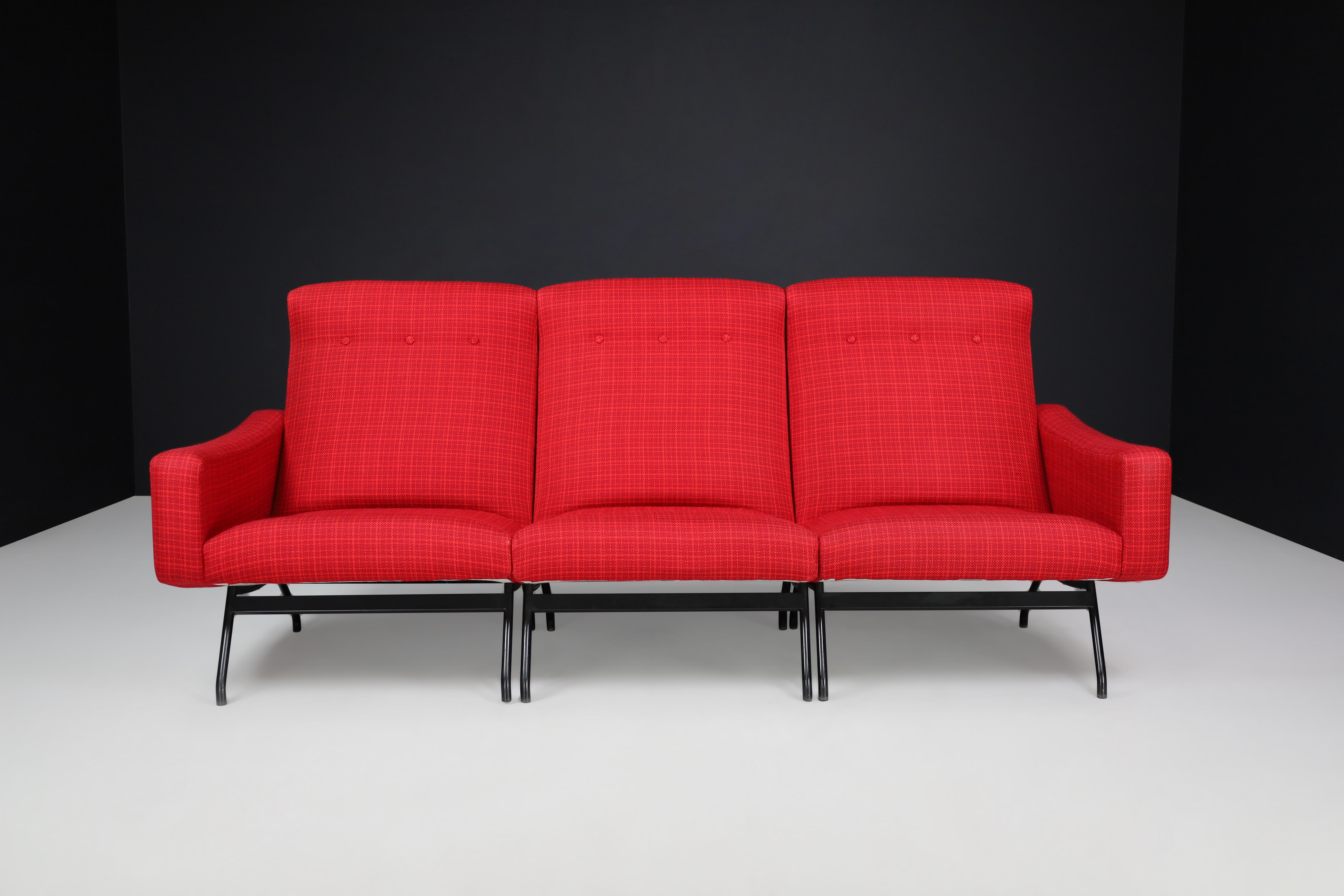 20th Century Joseph-André Motte Sectional Sofa Seat in Red Original Upholstery France, 1950s For Sale