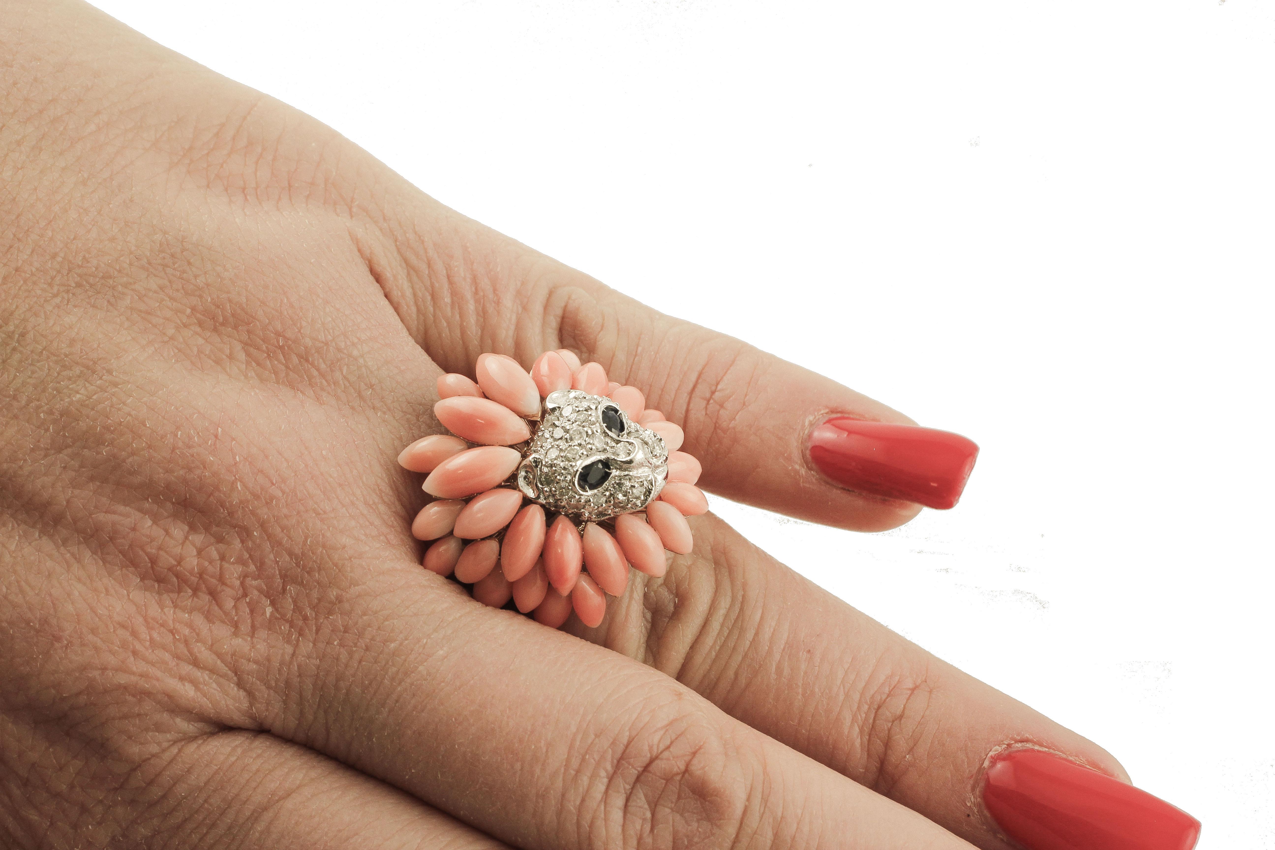 Corals, Diamonds, Blue Sapphires, 14 Karat White Gold Lion Ring For Sale 1