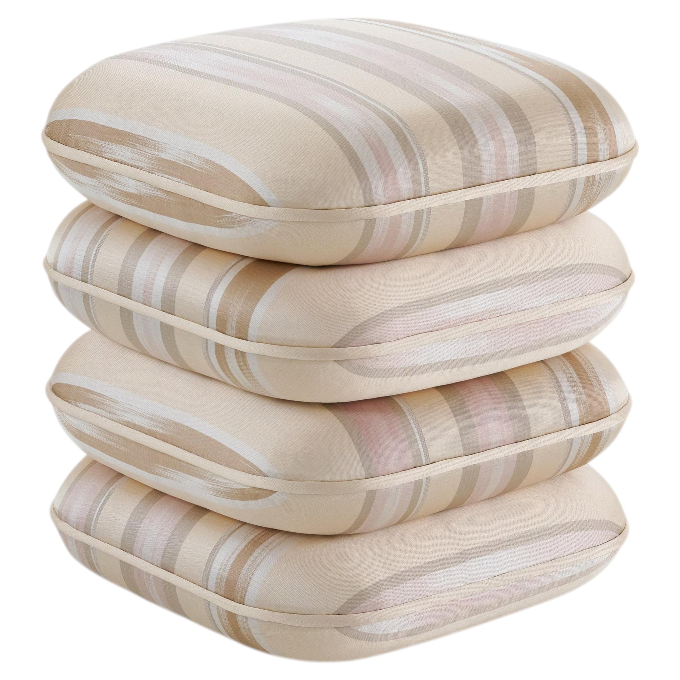 Sedi Handwoven Beige Silk Upholstered Sculptural Contemporary Pouf, Small