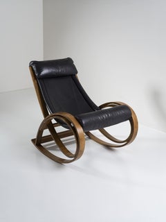 Sedia a dondolo Sgarsul in Pelle e Legno Gae Aulenti per Poltronova Italia 1962