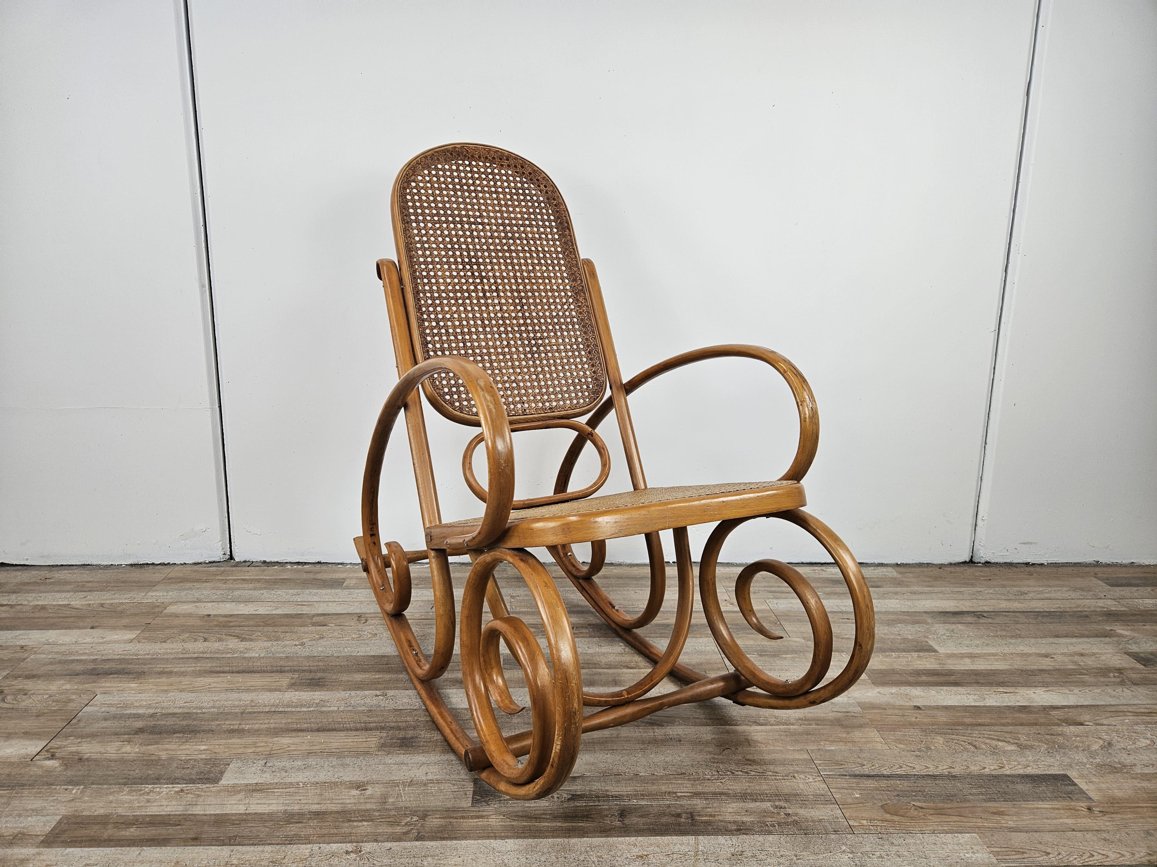 Vienna Secession 20th century Viennese rocking chair made of wood and Vienna straw For Sale
