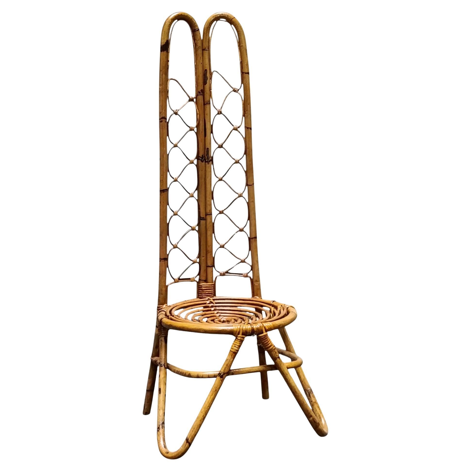 Low Chair with Double High Back in Curved Bamboo, Italy 1960s For Sale