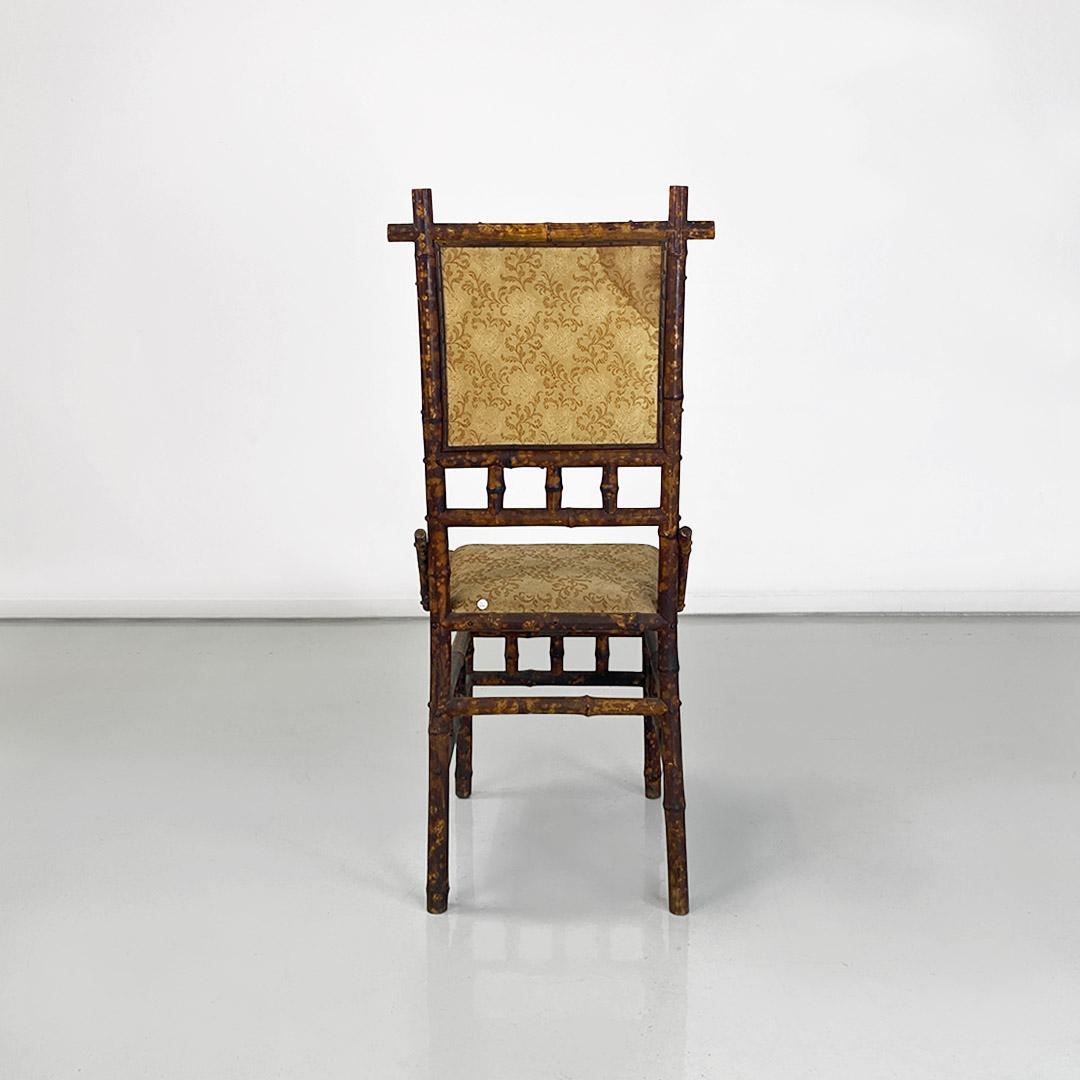 Early 20th Century Italian colonial chair in bamboo wood and damask fabric, 1910s For Sale