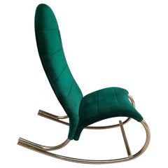 Sedia Dondolo Autentica Vintage 1970 Ottone e Velluto Verde Cool