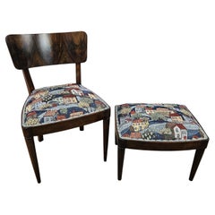 Art Deco Stuhl und Hocker für das Schlafzimmer in Nussbaum mit Fantasiestoff aus den 1930er Jahren