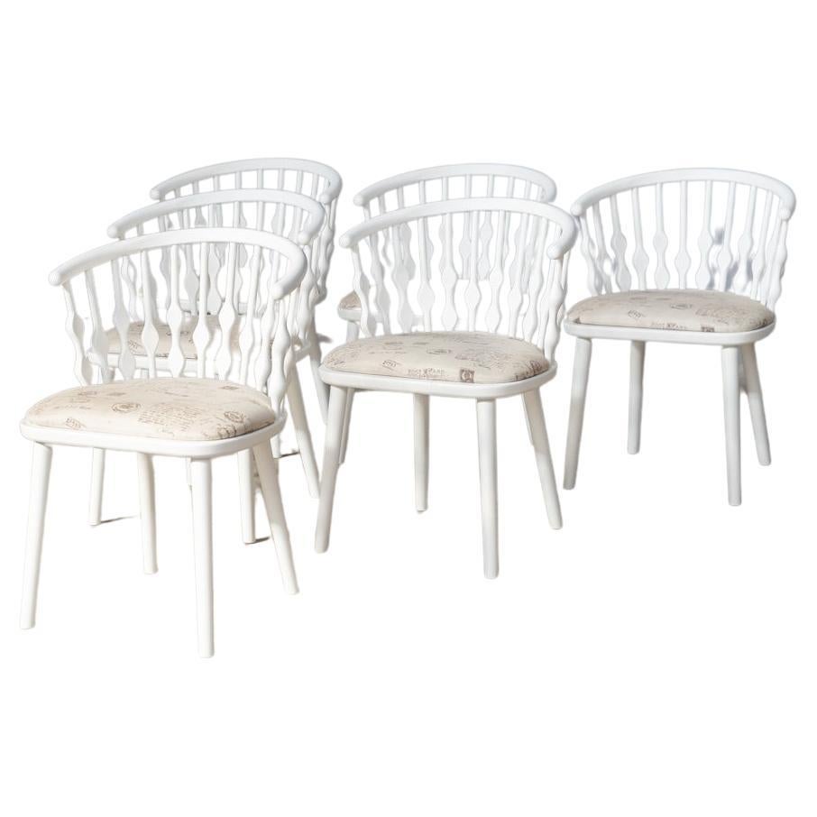 Matt white painted beech chair, 1970 fabric upholstered seat, set 6 For Sale