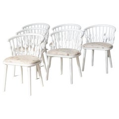 Matt white painted beech chair, 1970 fabric upholstered seat, set 6