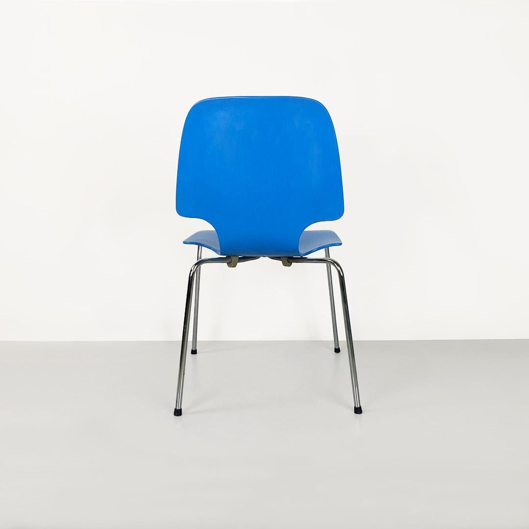 Metal Italian mid-century light blue wooden shell and chromed steel legs chair, 1960s For Sale