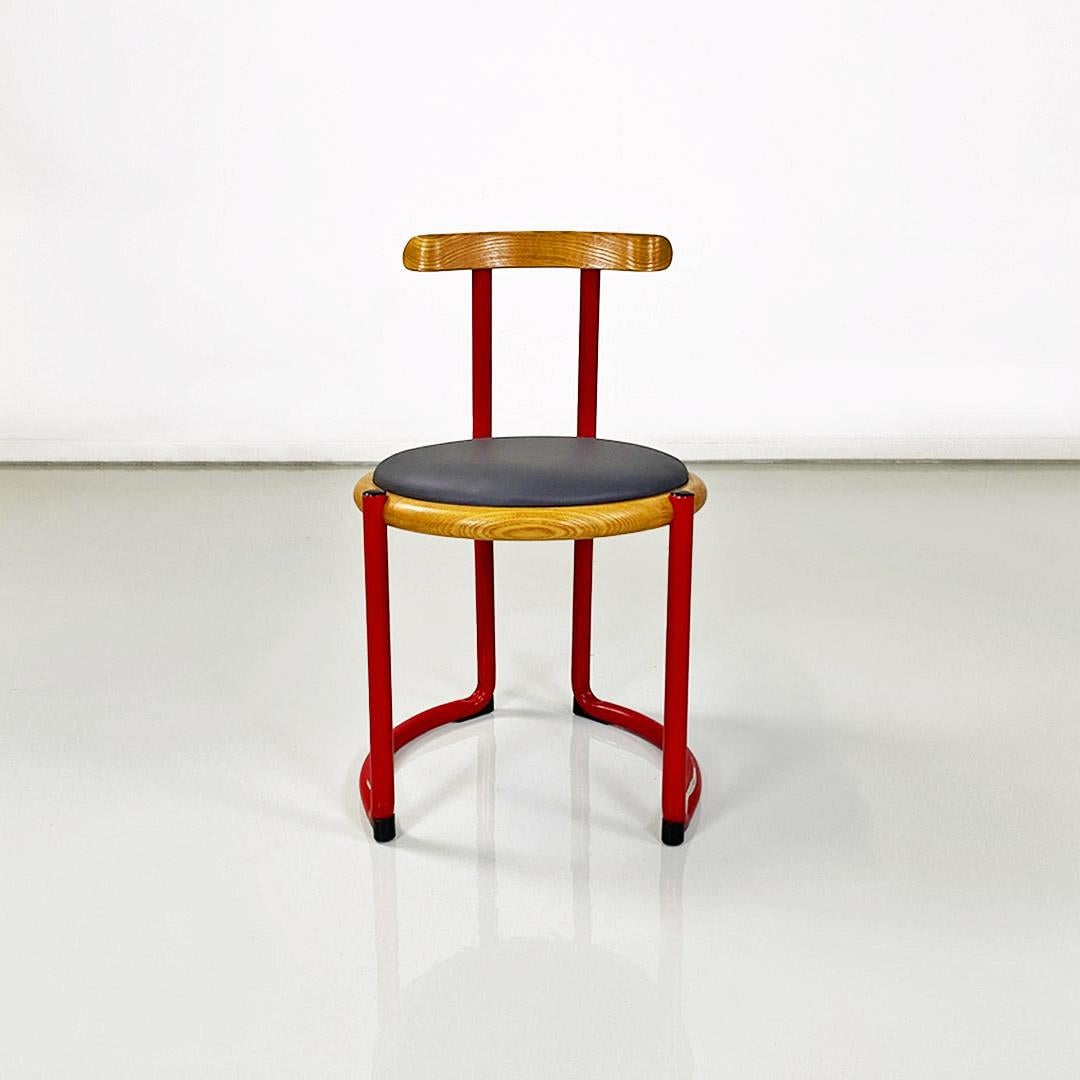 Mid-Century Modern Chaise italienne de Tito Agnoli en métal rouge, bois et similicuir, vers 1960 en vente