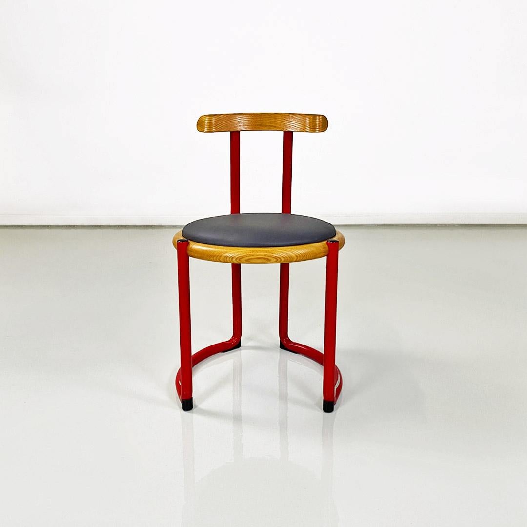 Mid-Century Modern Italian mid century red metal, wood and faux leather chair by Tito Agnoli, 1960s For Sale