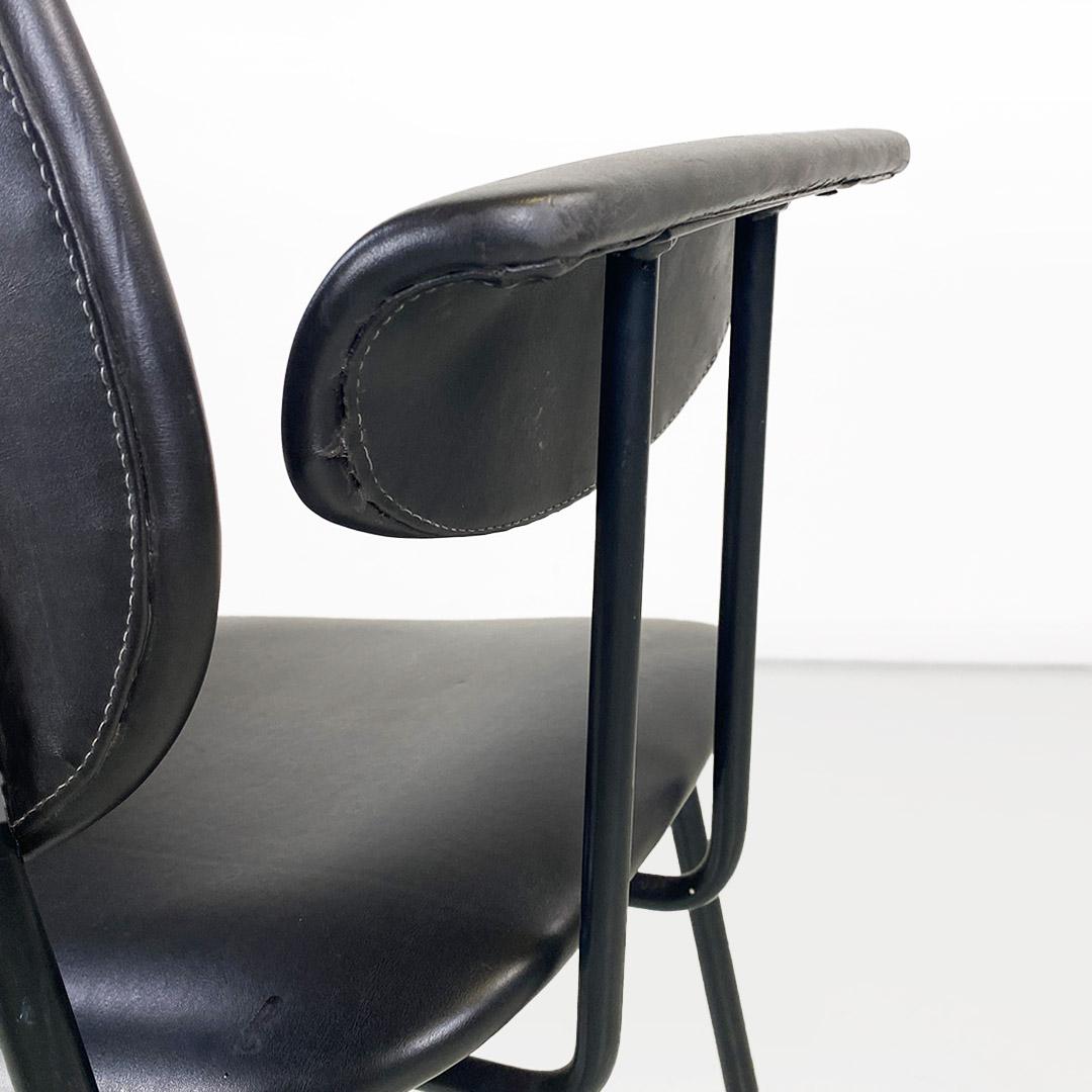 Italian chair, metal and black leather with arms, modern antique, ca. 1960s For Sale 4