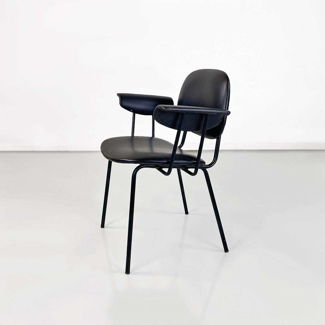 Mid-Century Modern Italian chair, metal and black leather with arms, modern antique, ca. 1960s For Sale