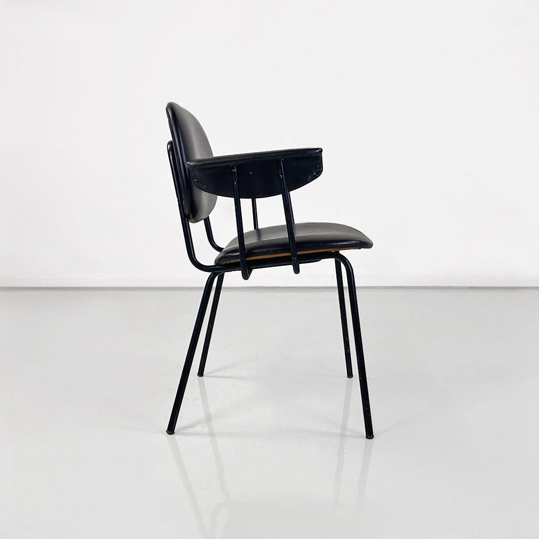 Mid-20th Century Italian chair, metal and black leather with arms, modern antique, ca. 1960s For Sale