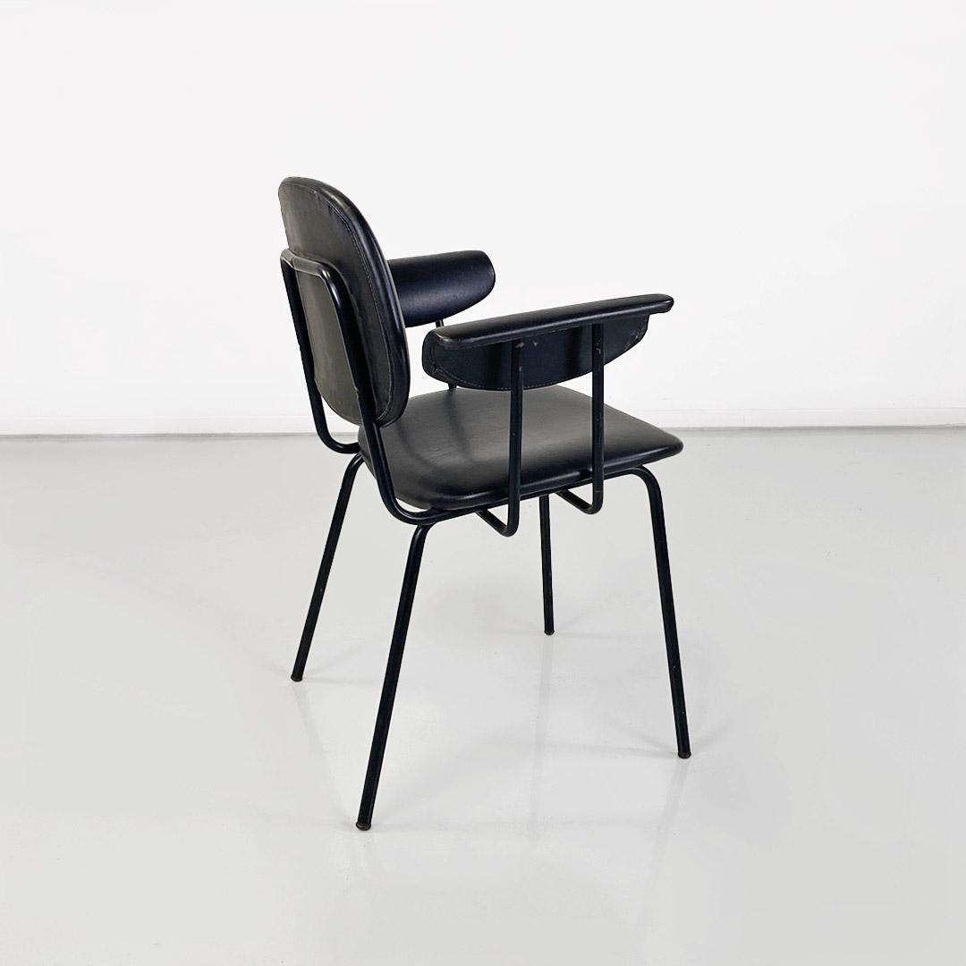 Metal Italian chair, metal and black leather with arms, modern antique, ca. 1960s For Sale