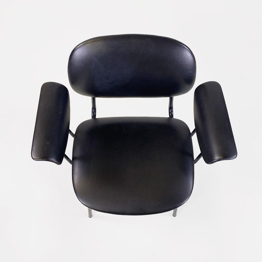 Italian chair, metal and black leather with arms, modern antique, ca. 1960s For Sale 1